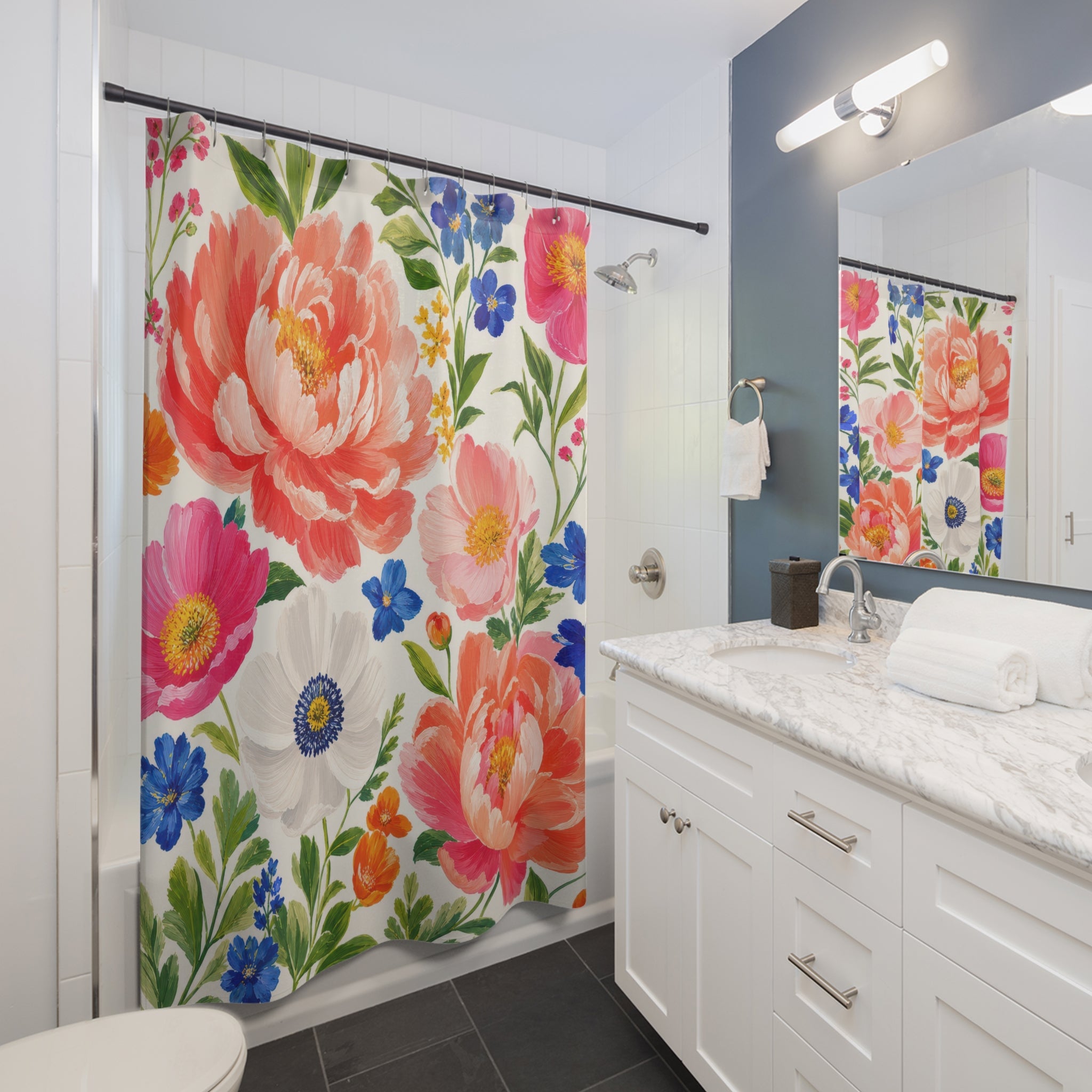 Bright Pink Blue Garden Flower Floral Shower Curtain