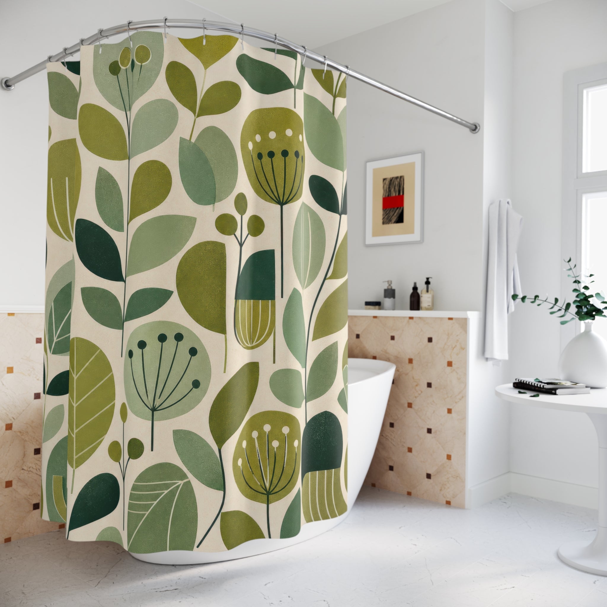 Green Retro Floral Shower Curtain