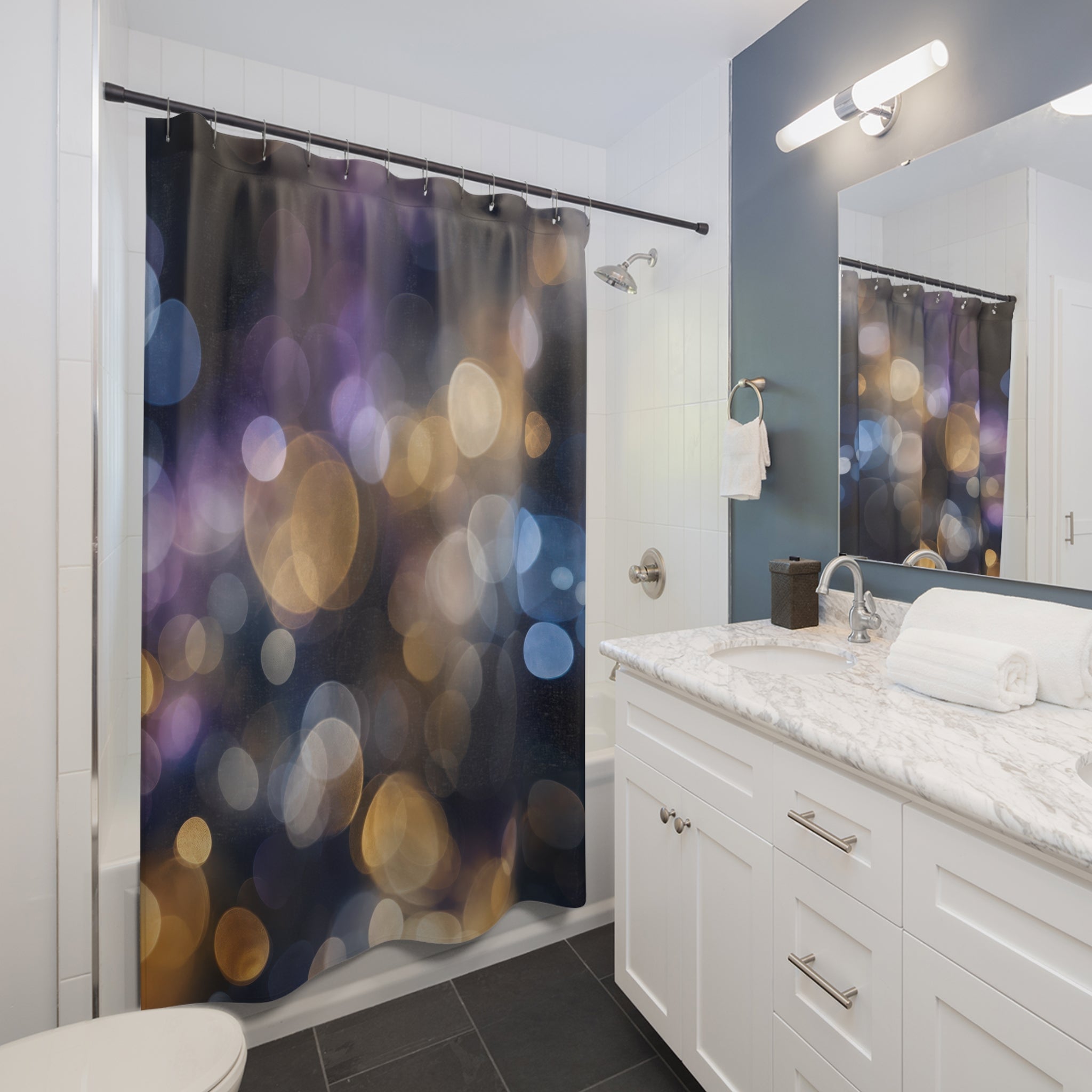 Abstract Shower Curtain, Bokeh Light Bath Decor, Blue Gold Purple Pattern, Modern Guest Bathroom Decor, Moody Night Style, Night Glow Style