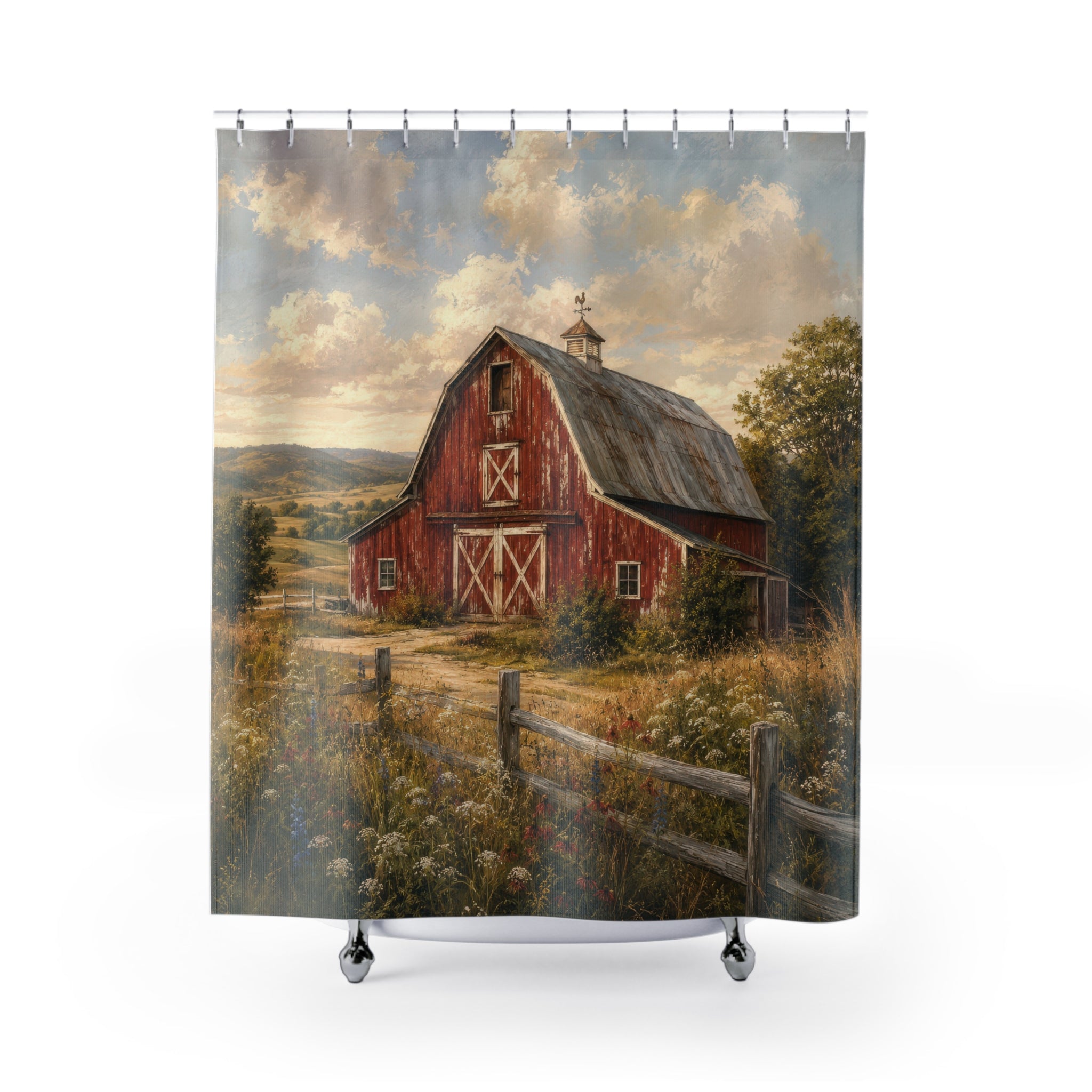 Barn Shower Curtain: Red Farmhouse Landscape