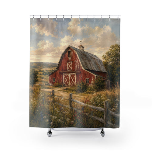 Barn Shower Curtain: Red Farmhouse Landscape