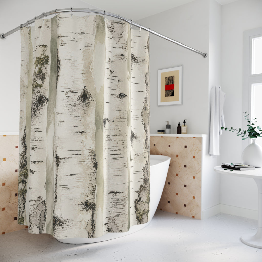 Birch Tree Shower Curtain, White Grey Woodland Forest Pattern, Rustic Nature Bathroom Decor, Cabin Guest Bath Lodge Style