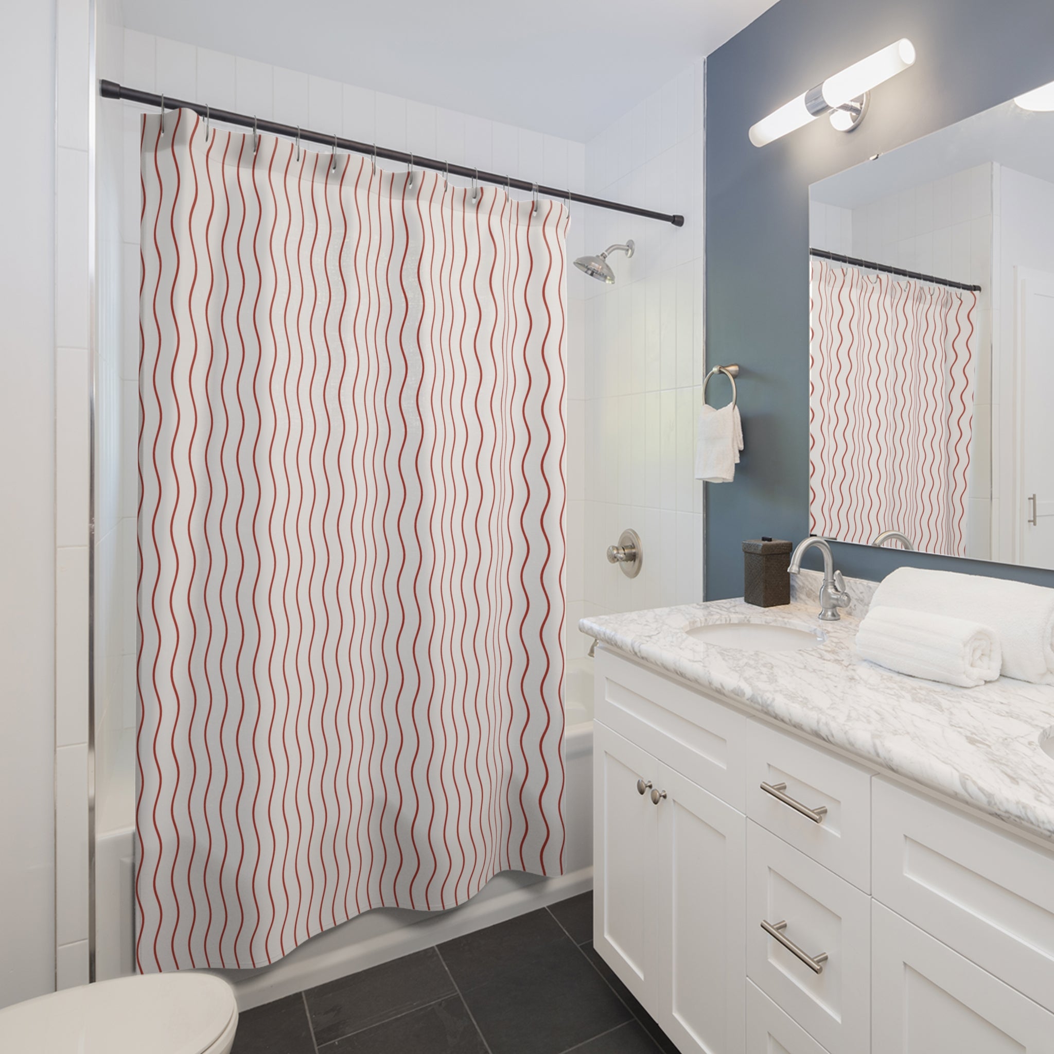 Red & White Wavy Stripe Shower Curtain – Undulating