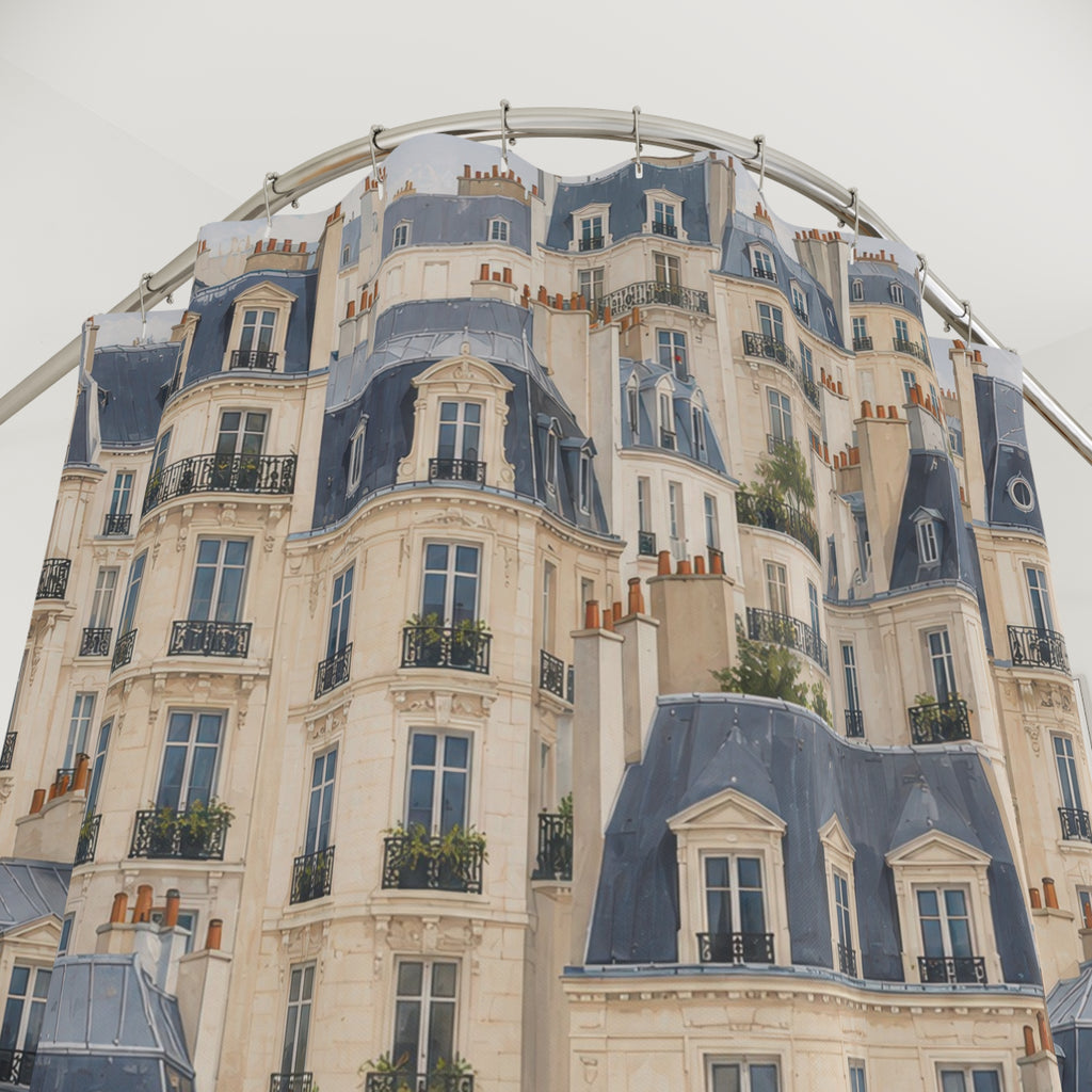 Cream Paris façades with slate roofs and dark balconies shower curtain with close-up print, hooks, and folds
