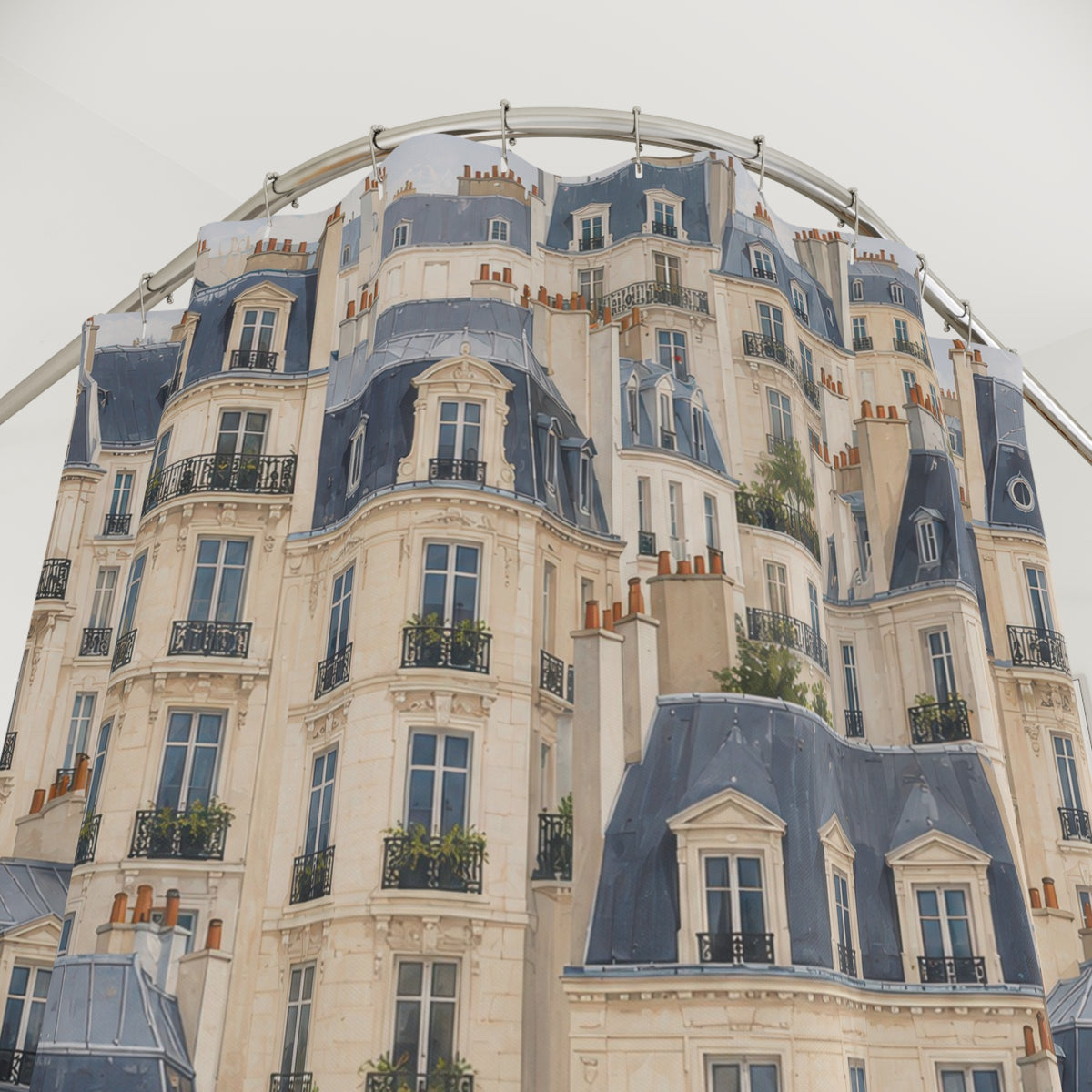 Cream Paris façades with slate roofs and dark balconies shower curtain with close-up print, hooks, and folds