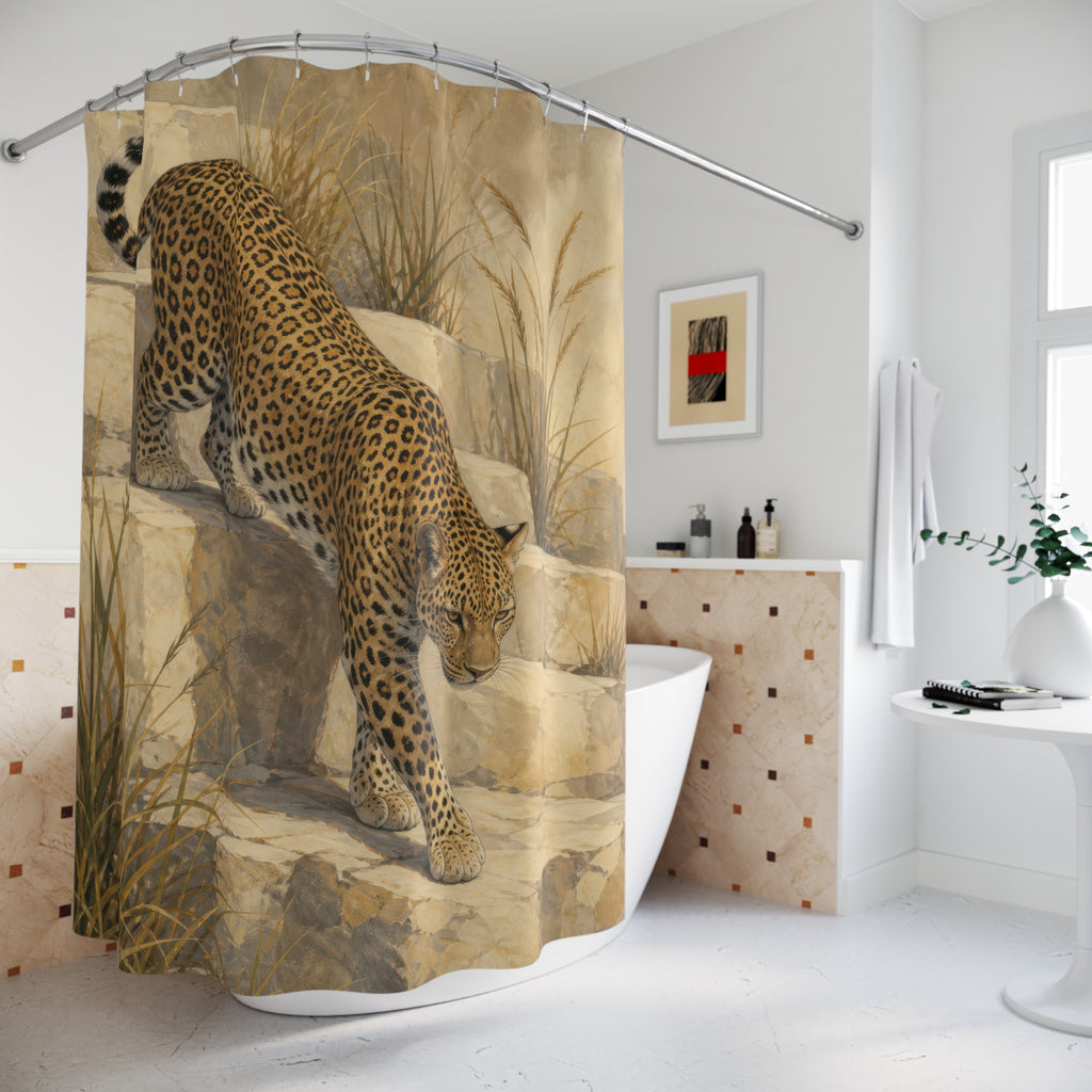Golden leopard on sandstone steps shower curtain beside a freestanding tub