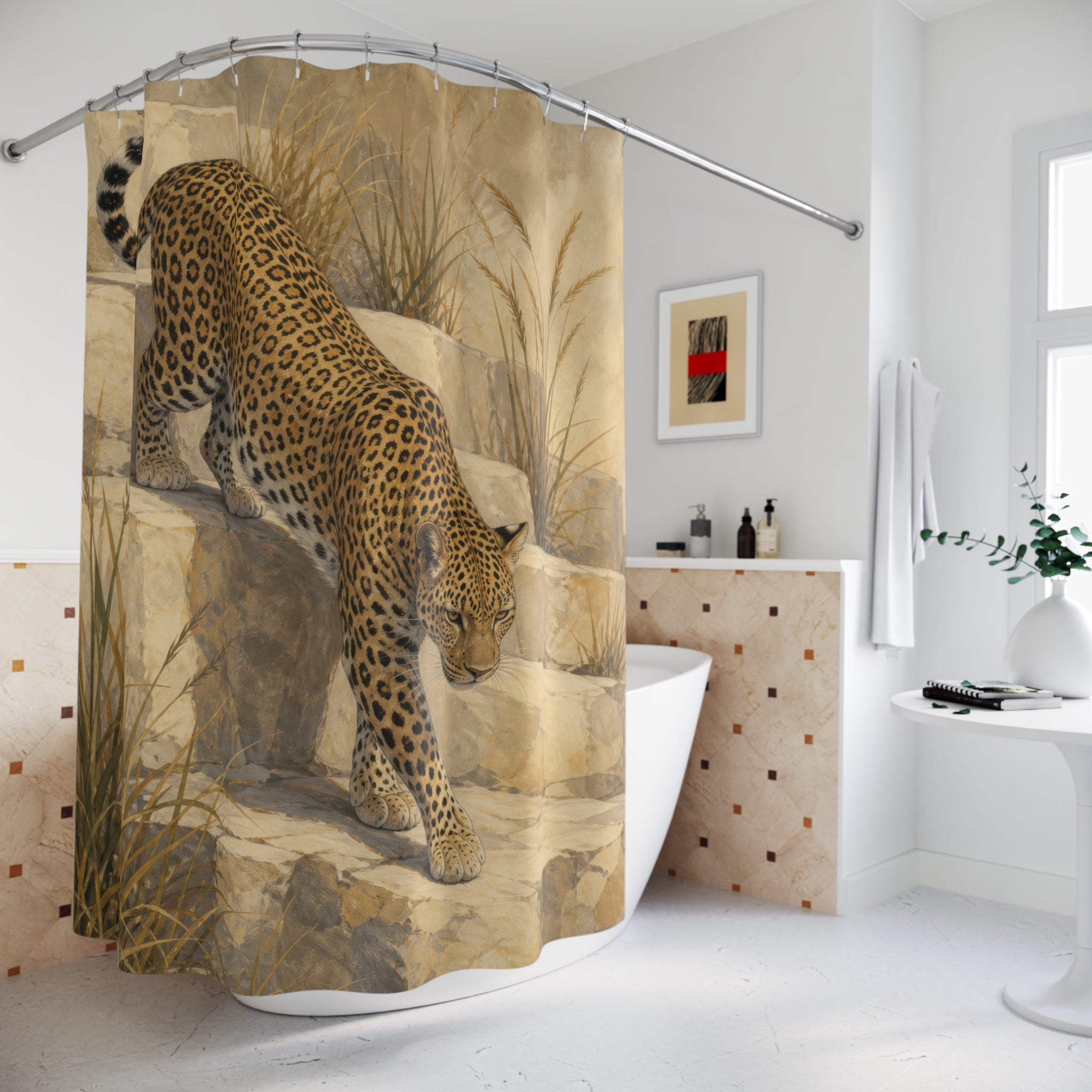 Golden leopard on sandstone steps shower curtain beside a freestanding tub