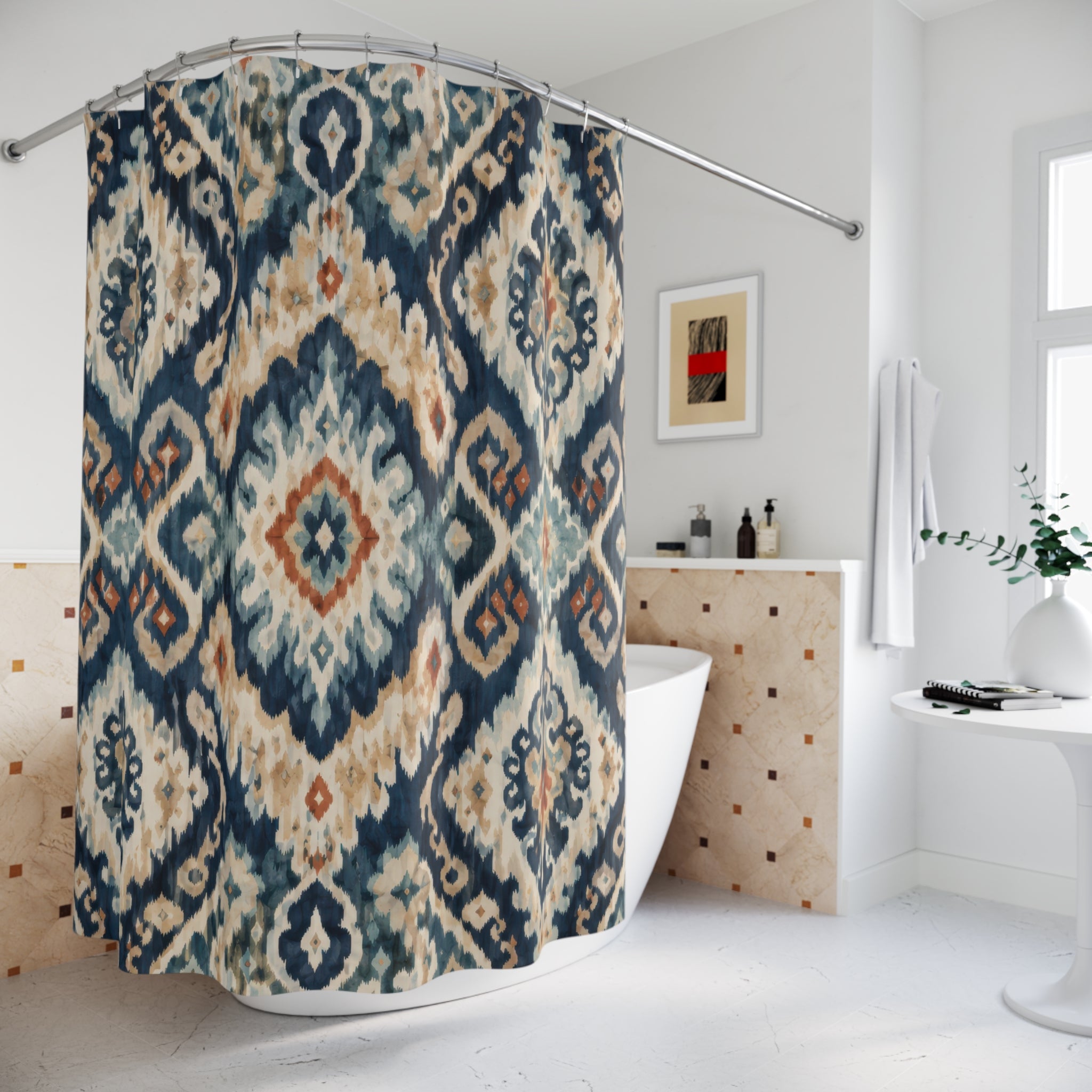 Ikat Shower Curtain: Blue Beige Boho Textile Pattern