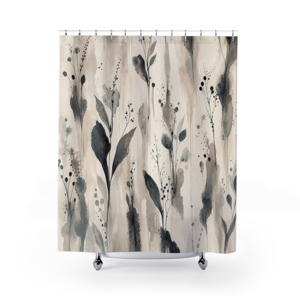 Black Botanical Shower Curtain, White Cream Floral Bath Decor, Gray Leaf Stem Pattern, Airy Minimal Soft Neutral Guest Bathroom Decor Style