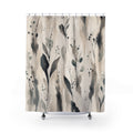 Black Botanical Shower Curtain, White Cream Floral Bath Decor, Gray Leaf Stem Pattern, Airy Minimal Soft Neutral Guest Bathroom Decor Style