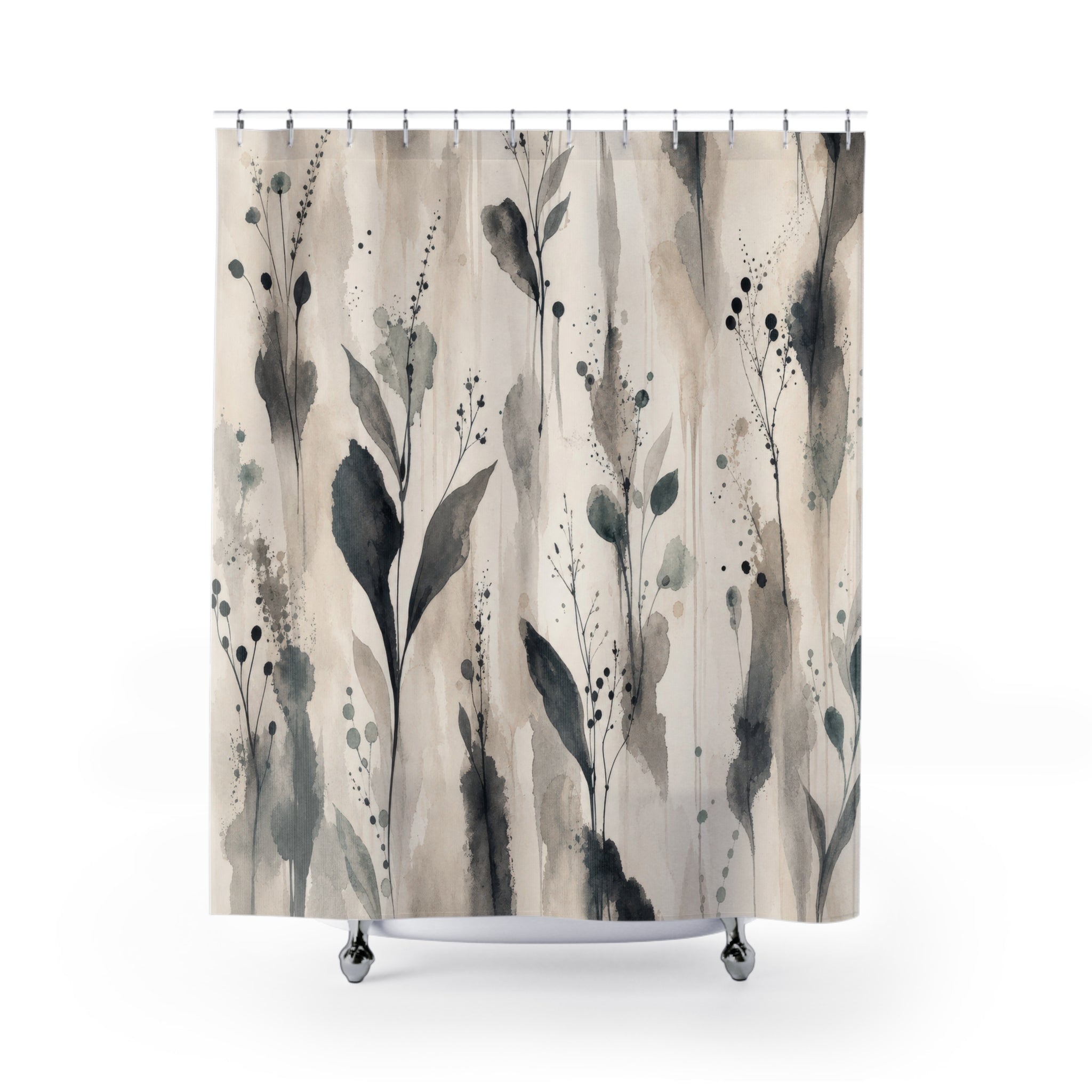 Black Botanical Shower Curtain, White Cream Floral Bath Decor, Gray Leaf Stem Pattern, Airy Minimal Soft Neutral Guest Bathroom Decor Style