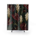 Burgundy anthuriums and cream flowers on black shower curtain with full front view