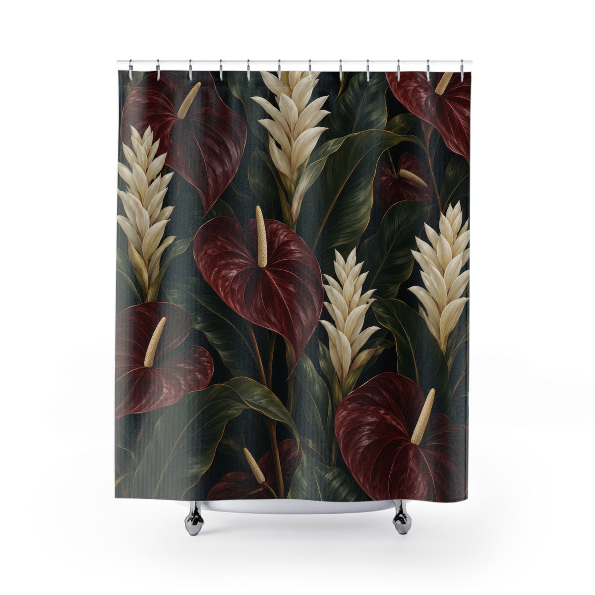 Burgundy anthuriums and cream flowers on black shower curtain with full front view