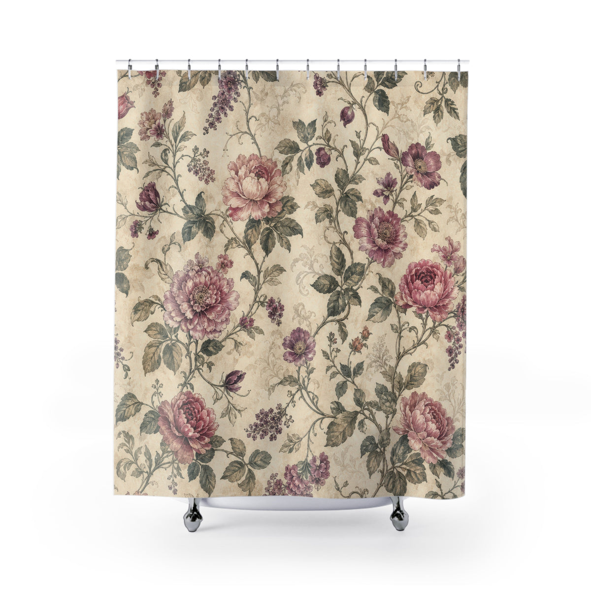 Pink Vintage Floral rose pattern shower curtain with full front view
