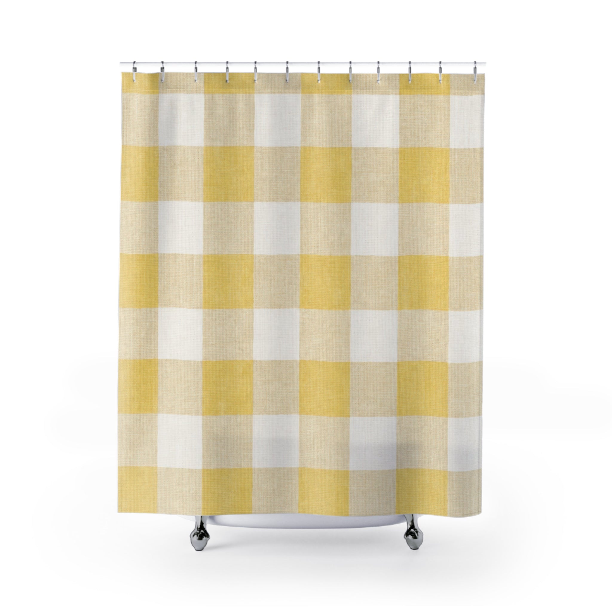 Gingham Shower Curtain, Yellow Checkered Bath Decor, Sunny Farmhouse Check Pattern, Classic Guest Bathroom Decor, Yellow Gingham Style
