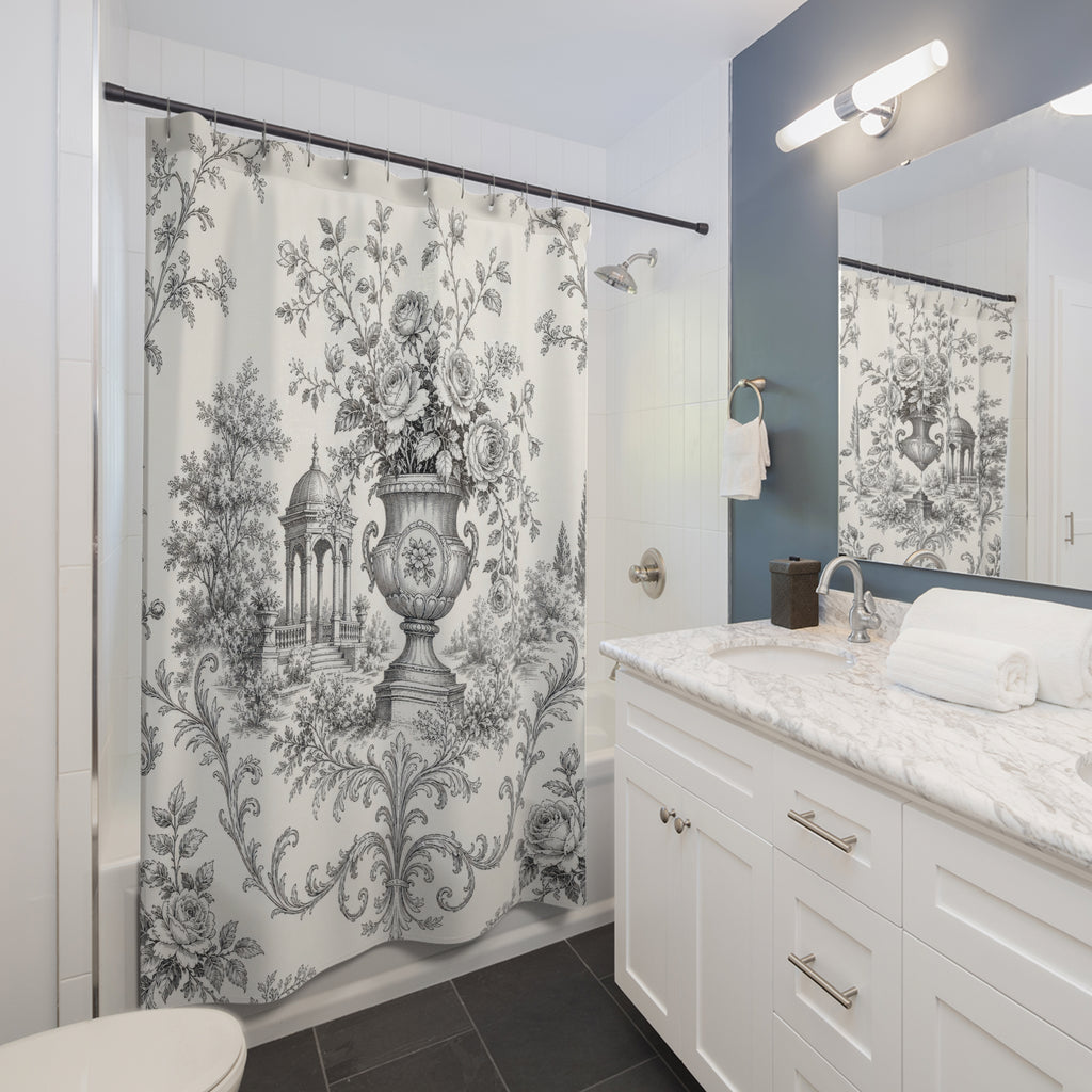 Black White Toile Floral Vintage Cottage Cottagecore Shower Curtain