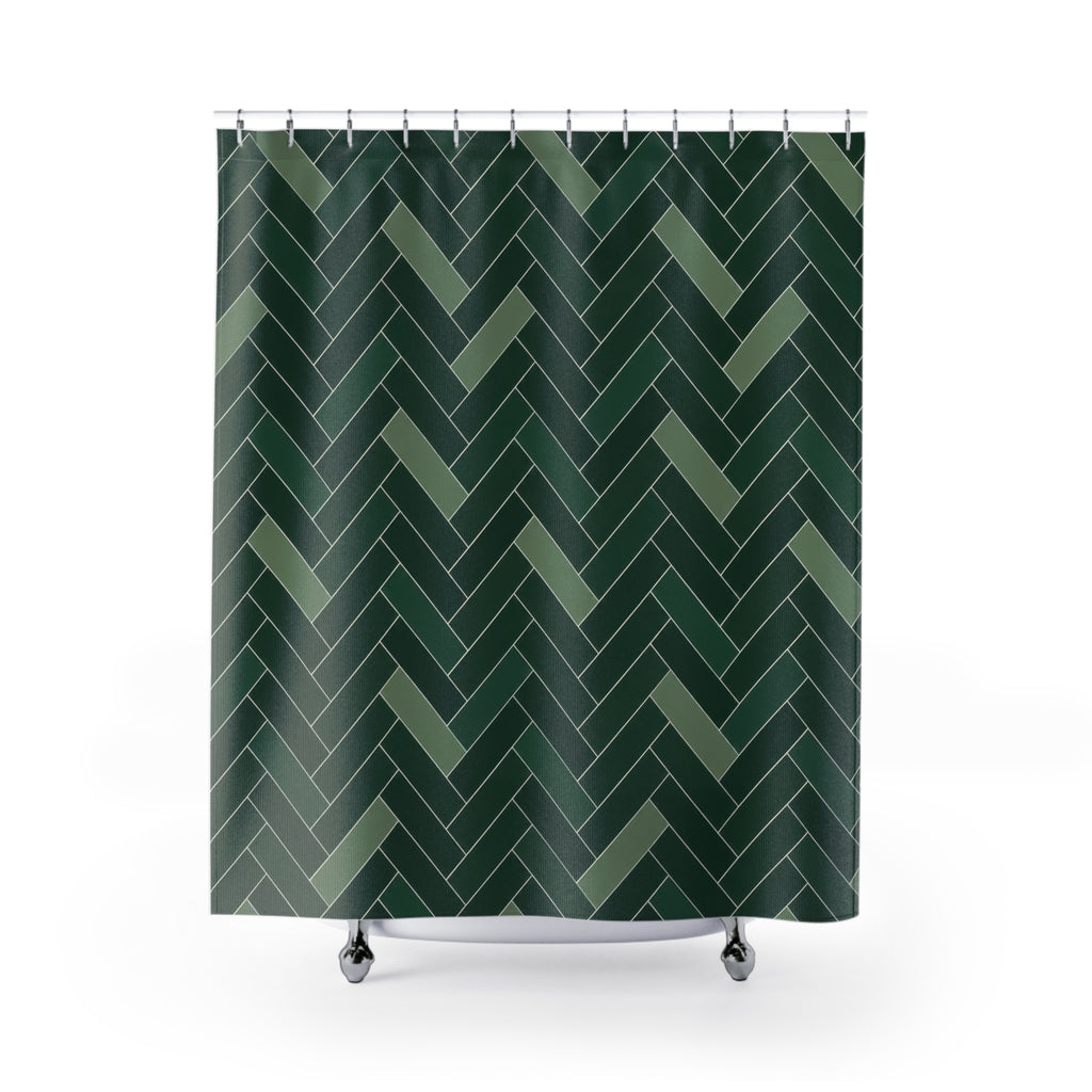 Dark green herringbone with sage bars and ivory lines shower curtain with full front view