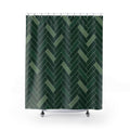 Dark green herringbone with sage bars and ivory lines shower curtain with full front view