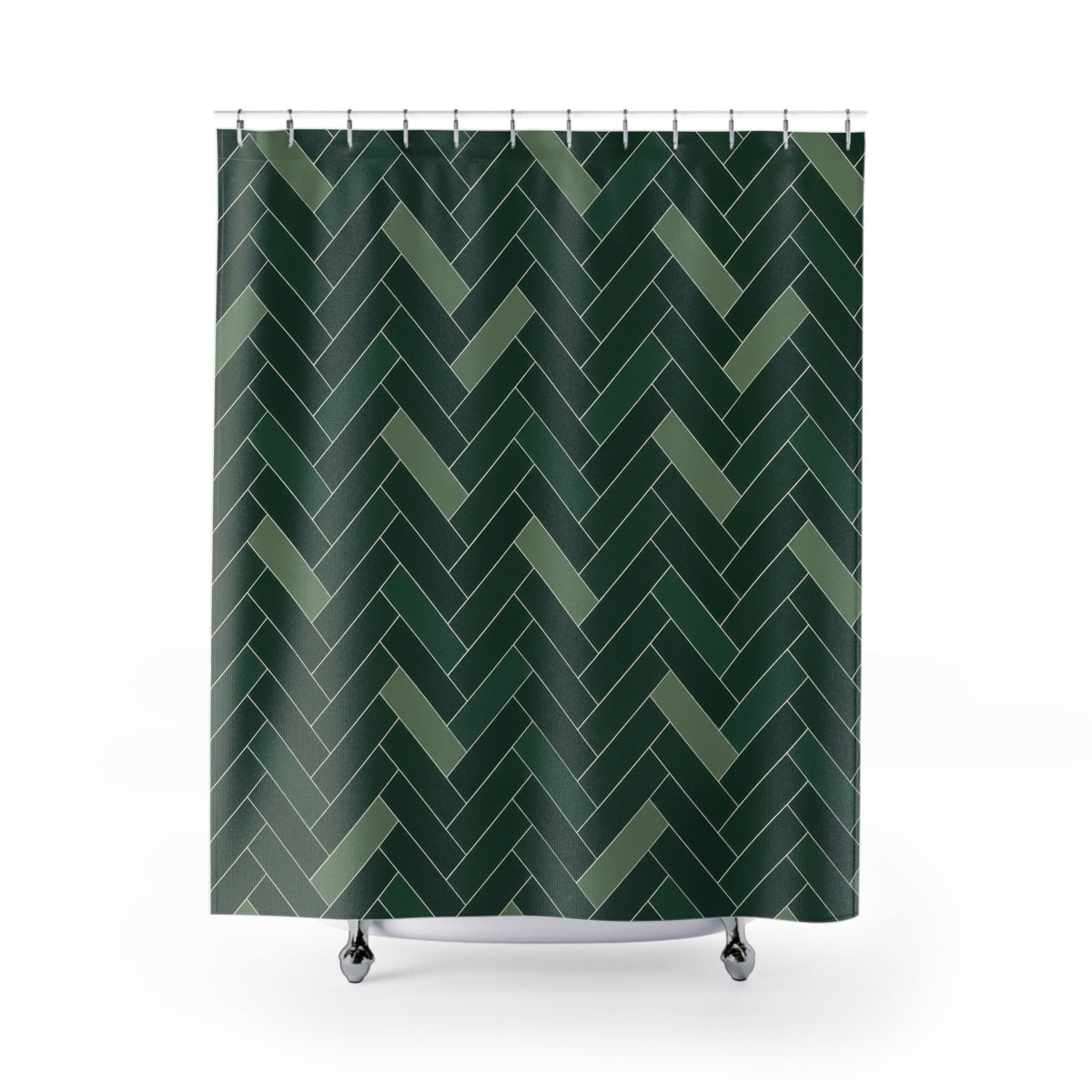 Dark green herringbone with sage bars and ivory lines shower curtain with full front view