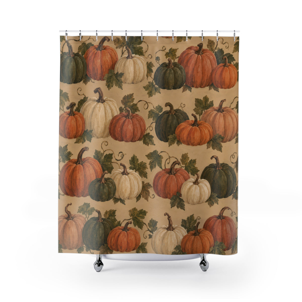 Orange olive and cream pumpkins with leafy stems shower curtain with full front view