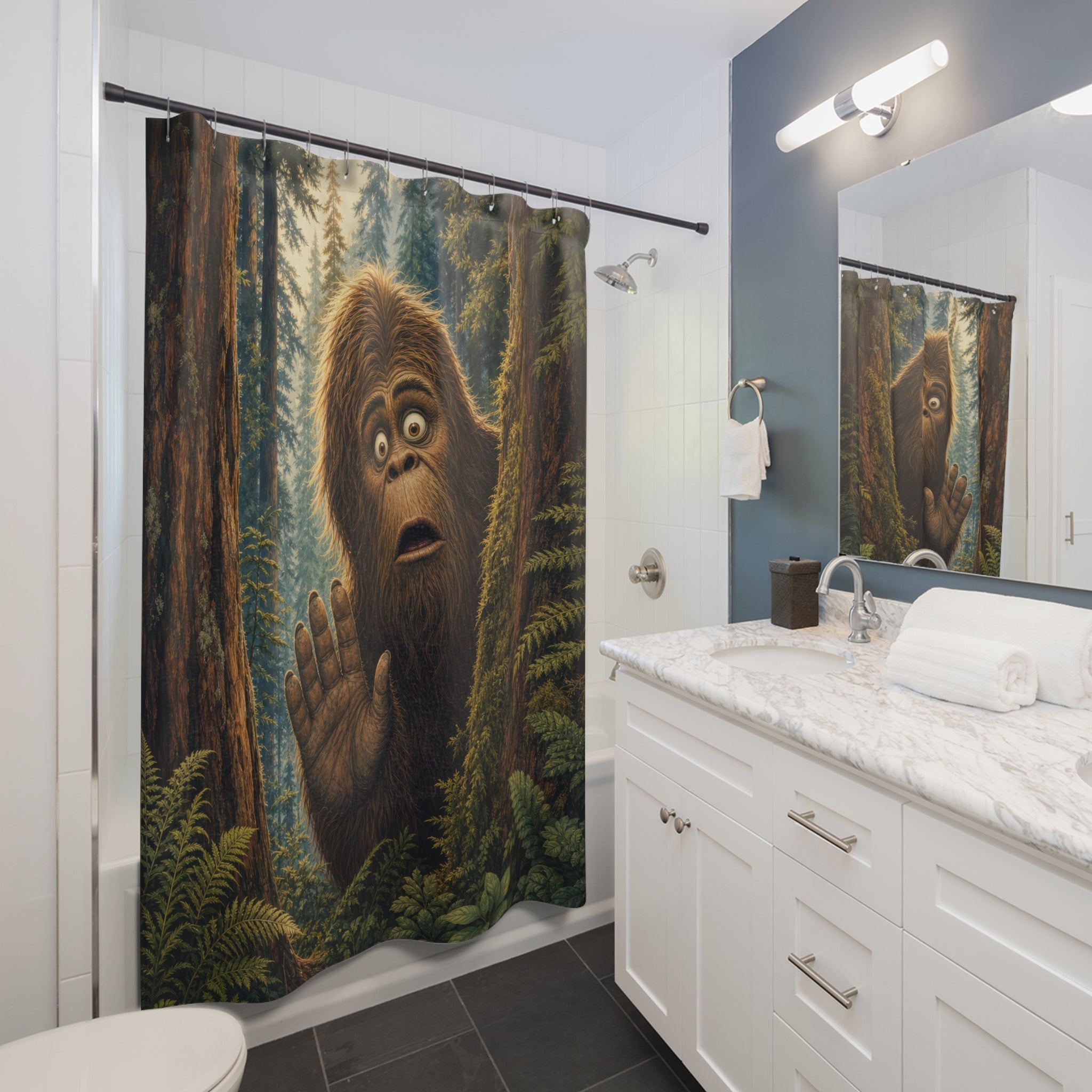 Unique Funny Bigfoot Shower Curtain, Forest Cryptid Creature Art, Redwood Bathroom Humor, Cabin Powder Room Guest Bath Decor Gift For Home