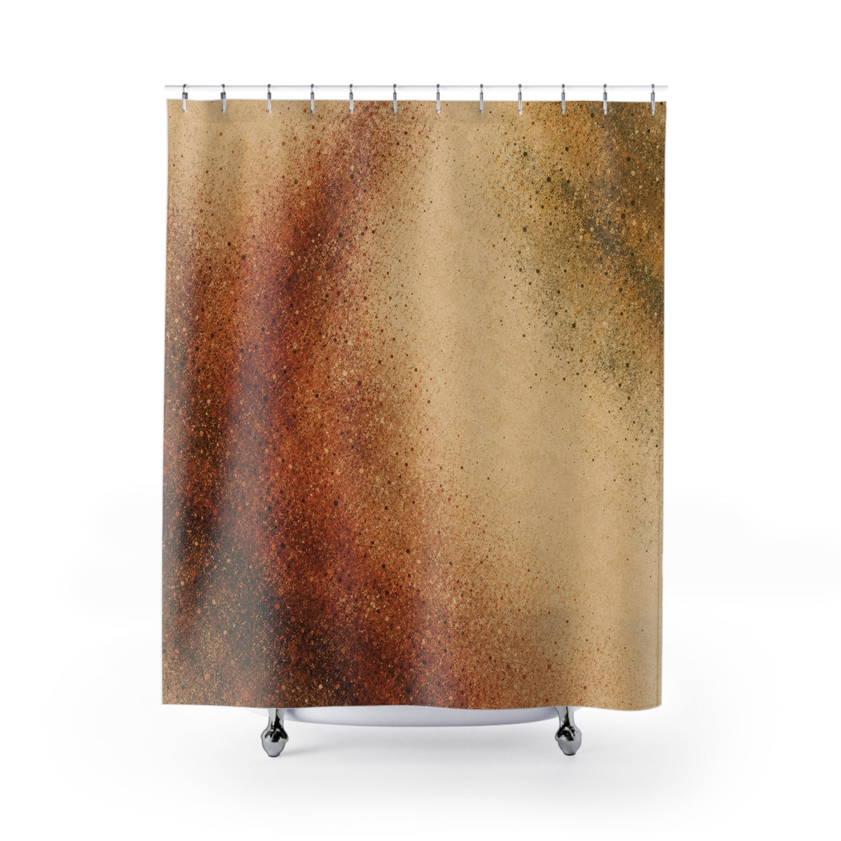 Rust and olive stippled clouds on warm sand shower curtain with full front view