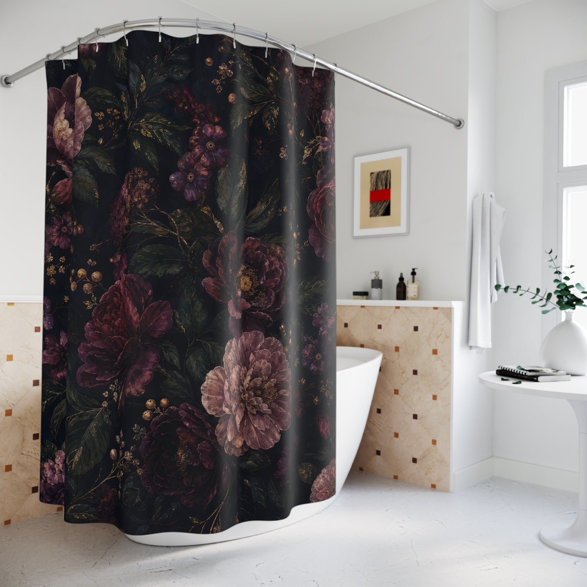 Midnight Garden dark floral burgundy shower curtain beside a freestanding tub