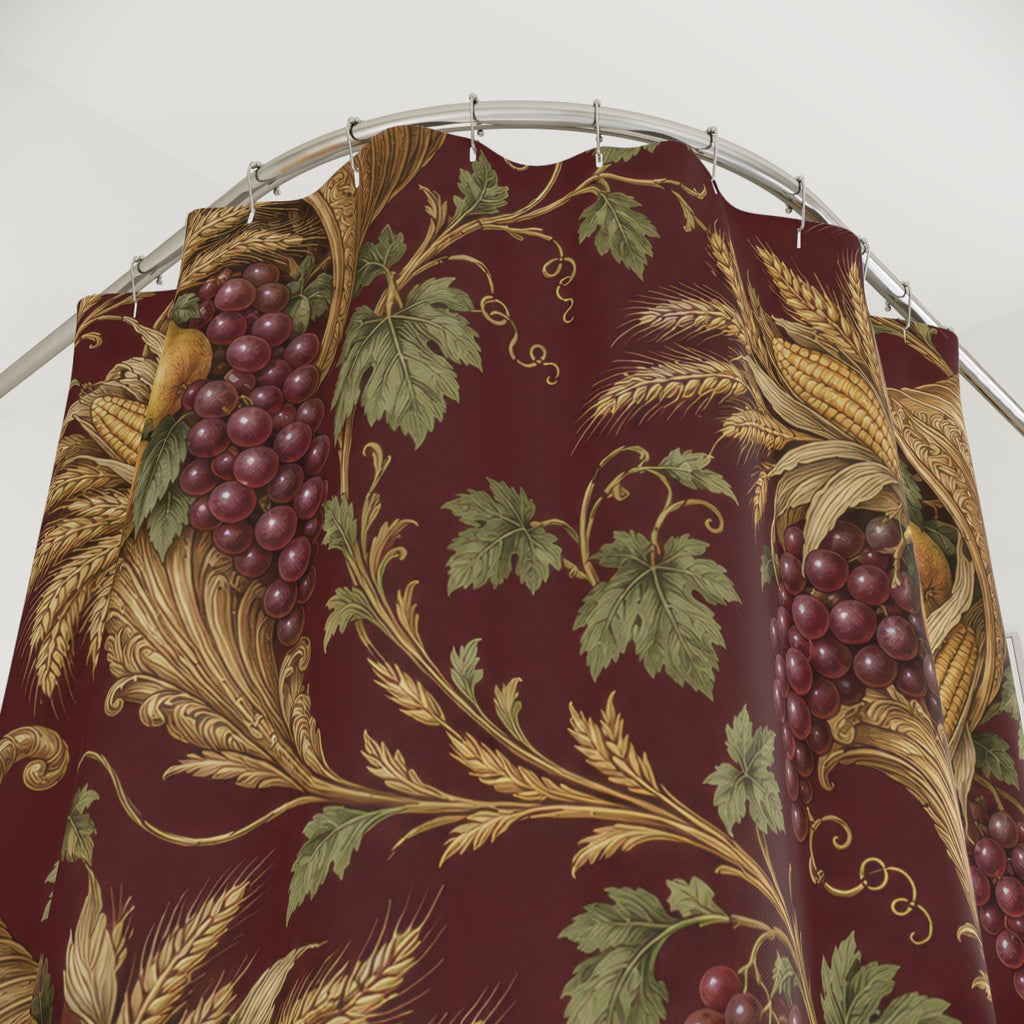 Gold cornucopias with pears and grapes on burgundy shower curtain with close-up print, hooks, and folds