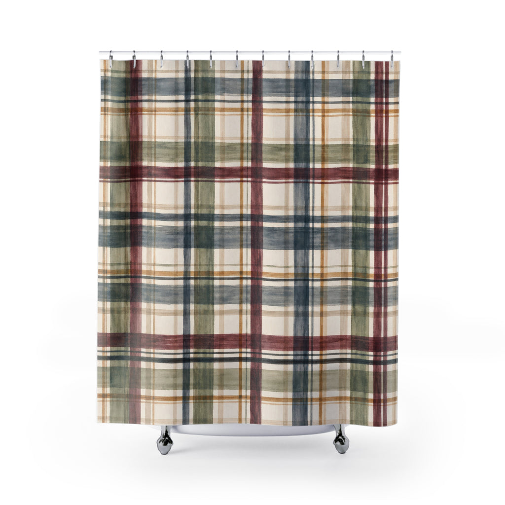 Plaid Shower Curtain, Red Navy Green Tartan Check Pattern, Classic Farmhouse Bathroom Decor, Cozy Cabin Wall Decor Guest Bath Wall Gift