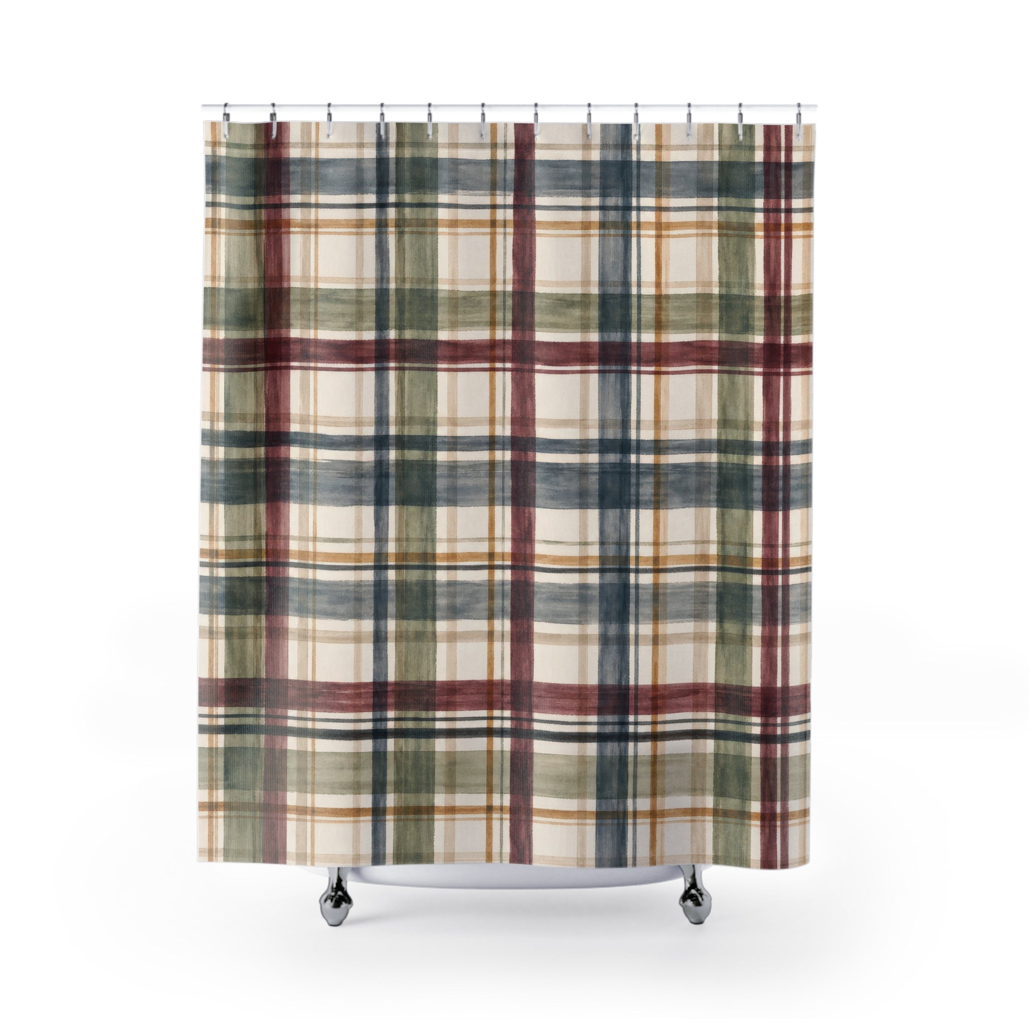Plaid Shower Curtain, Red Navy Green Tartan Check Pattern, Classic Farmhouse Bathroom Decor, Cozy Cabin Wall Decor Guest Bath Wall Gift