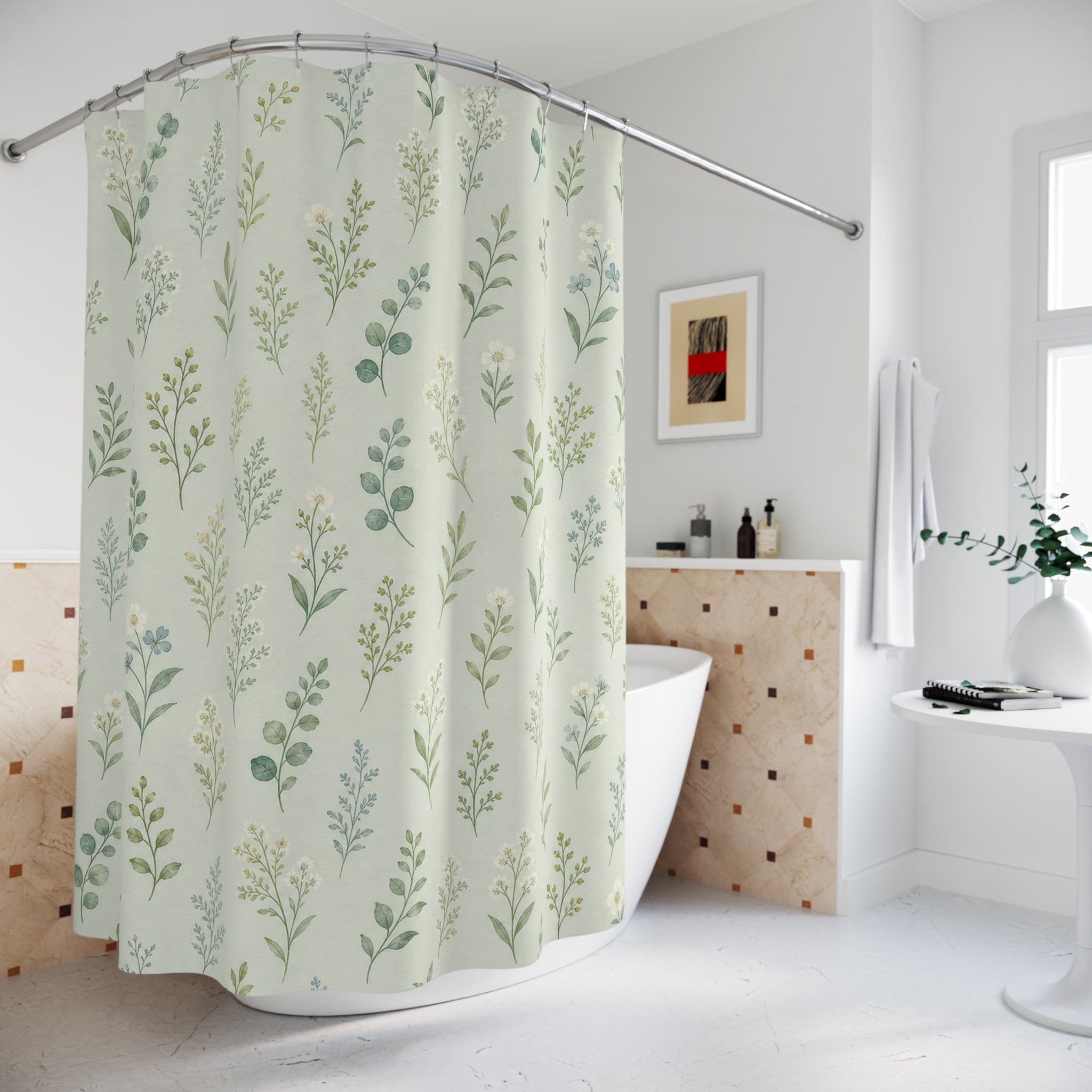 Celadon Ditsy Garden Print Shower Curtain