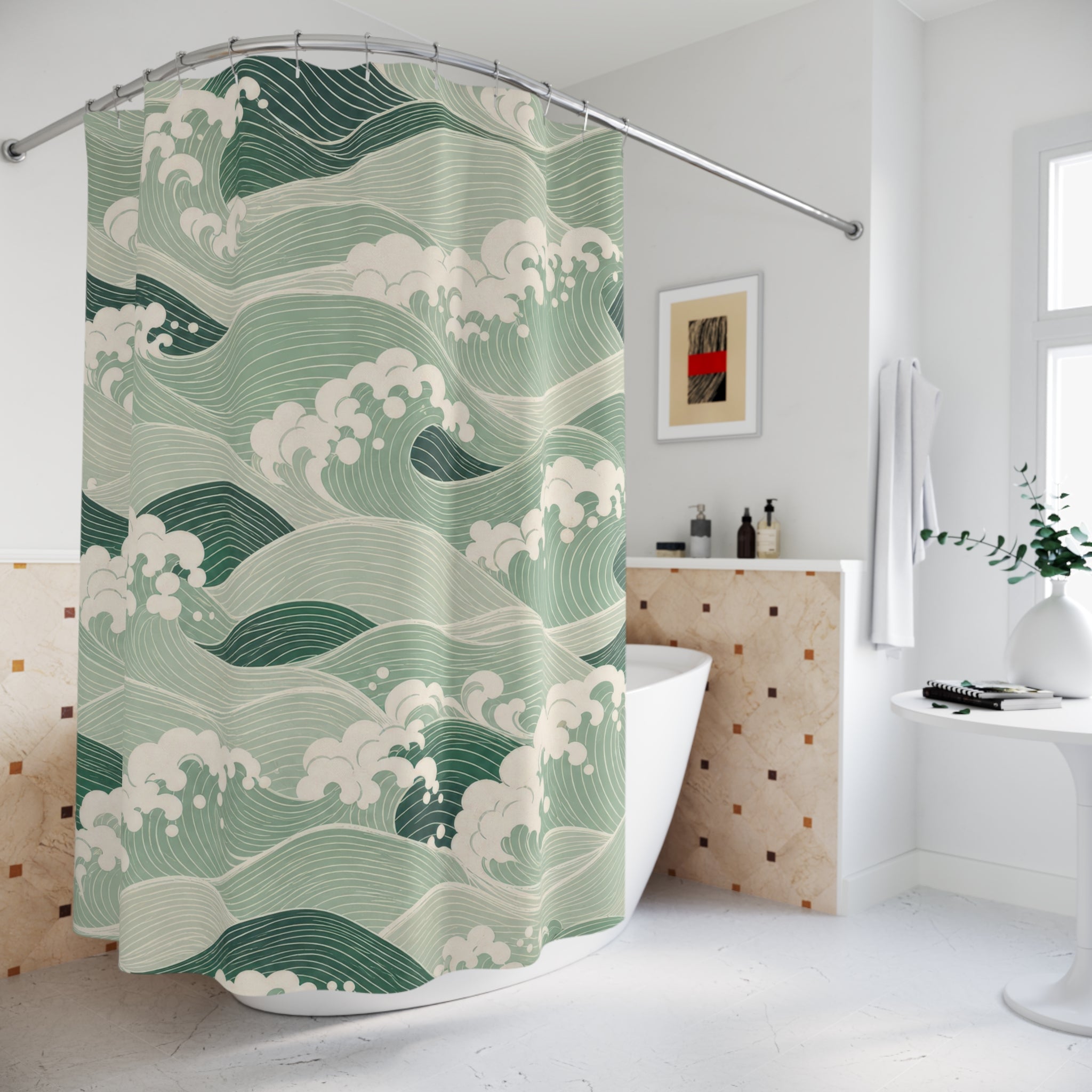Green Japanese Wave Shower Curtain