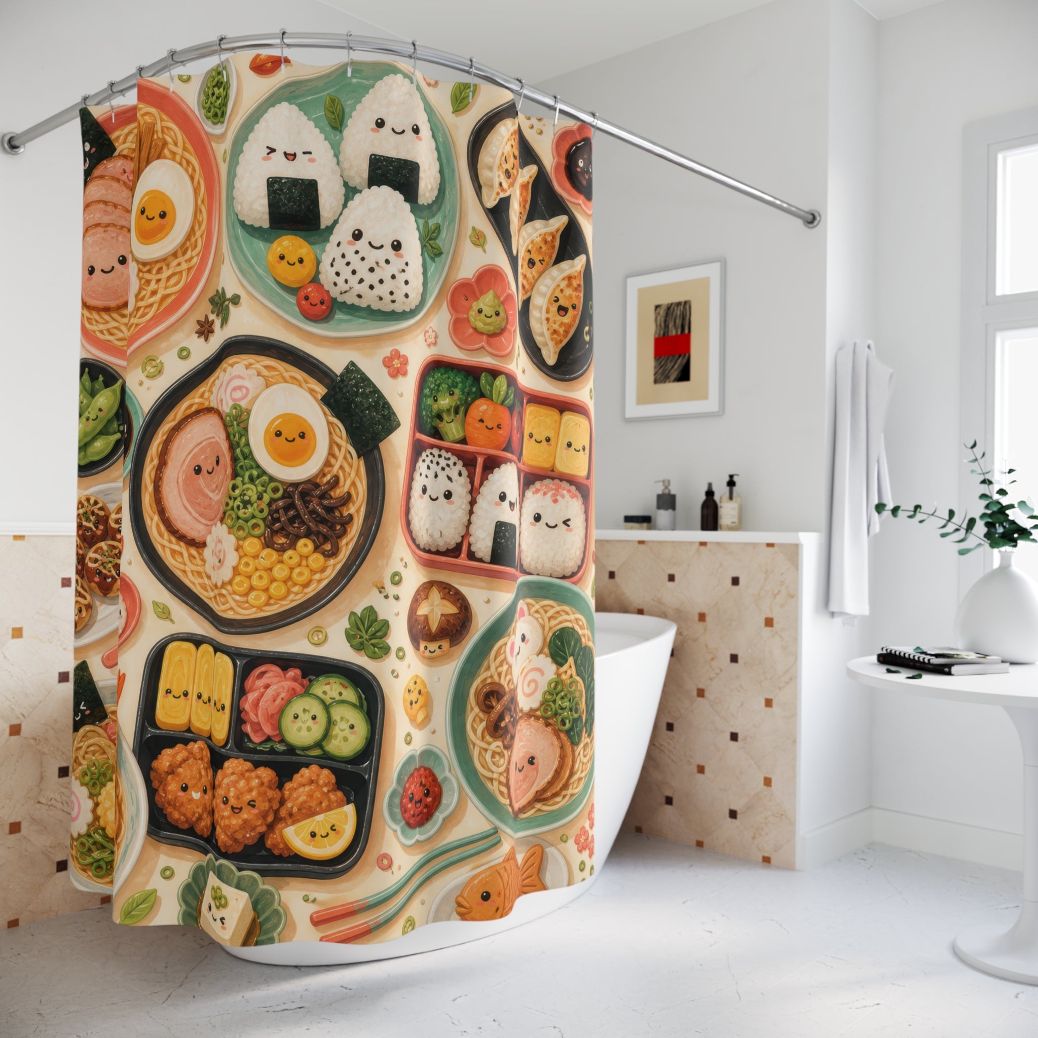Smiling ramen bowls and tiny bento foods in a coral mint mosaic shower curtain styled beside a freestanding tub