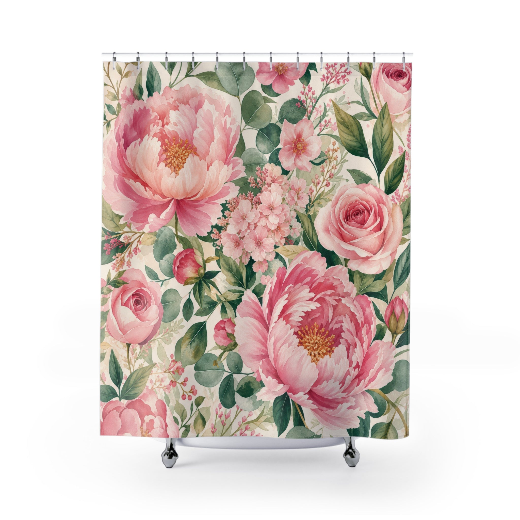 Pink and Green Shower Curtain: Rose Garden Floral Pattern