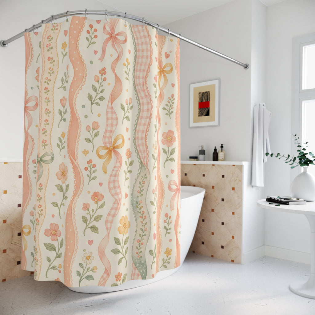 Cute Wavy Floral Stripe Pink Shower Curtain