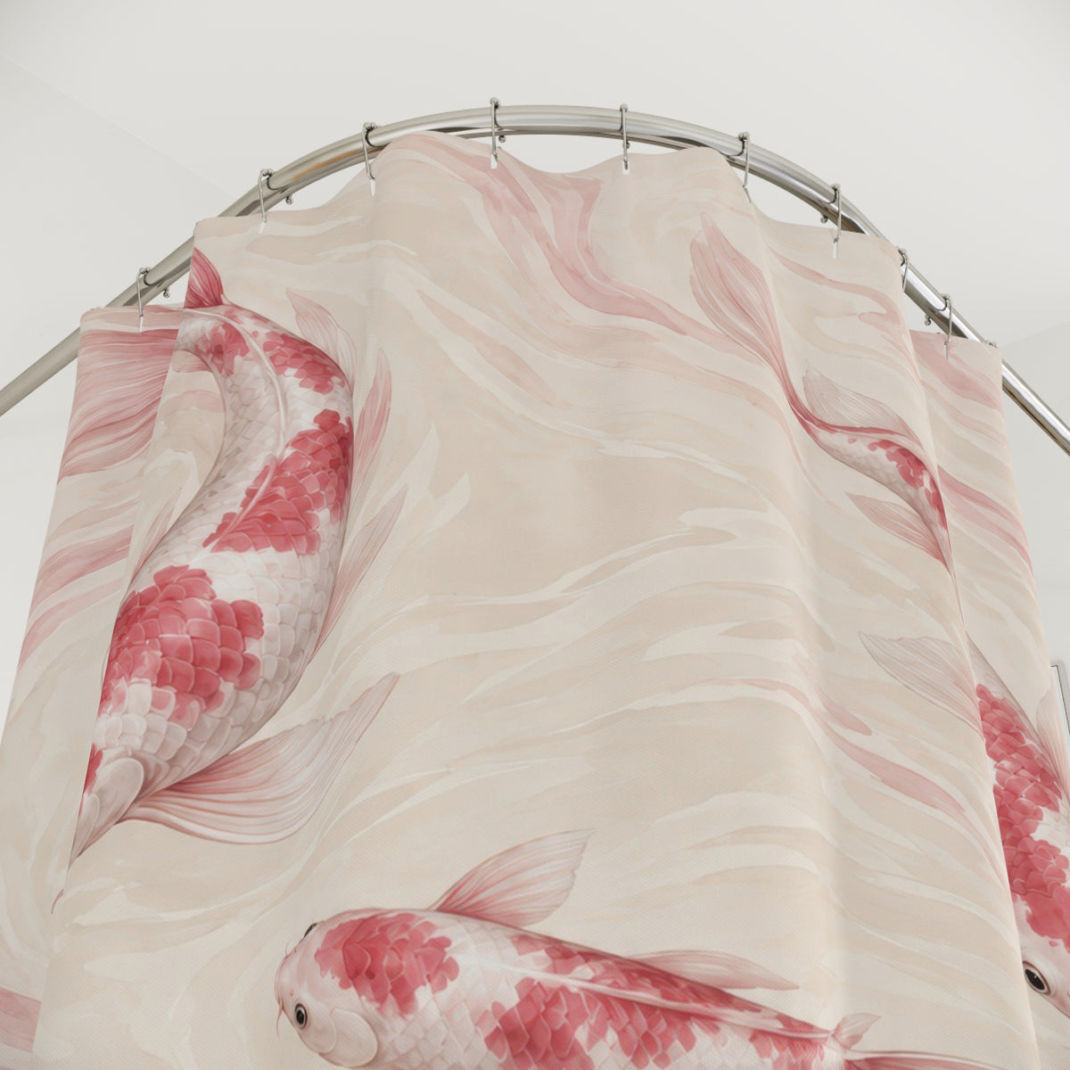 Pink and white koi gliding through pale cream water shower curtain with close-up print, hooks, and folds