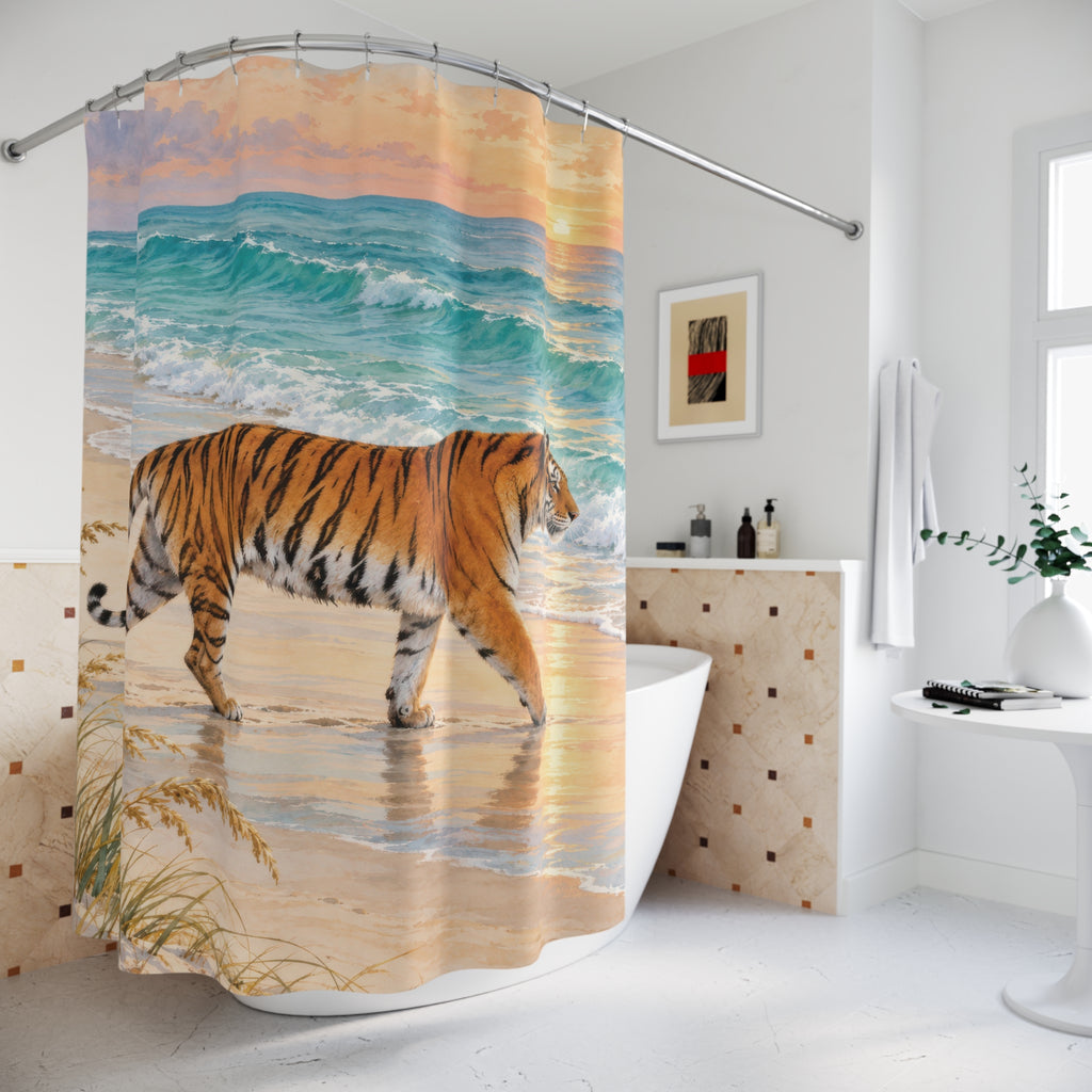 Orange tiger on golden sand beside turquoise surf shower curtain beside a freestanding tub
