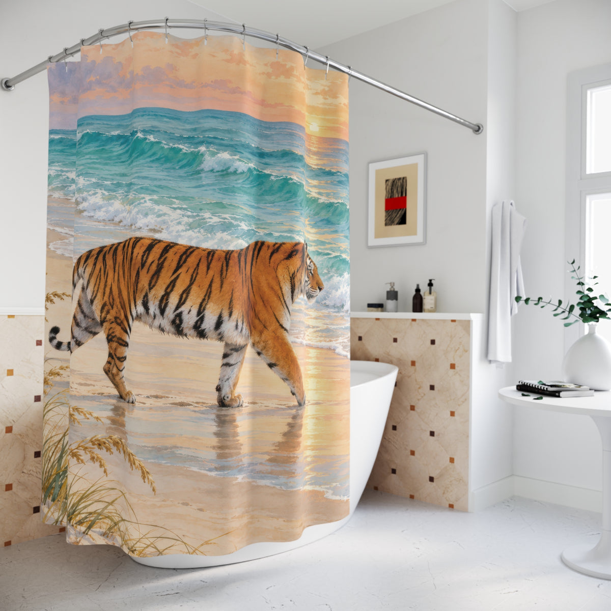 Orange tiger on golden sand beside turquoise surf shower curtain beside a freestanding tub