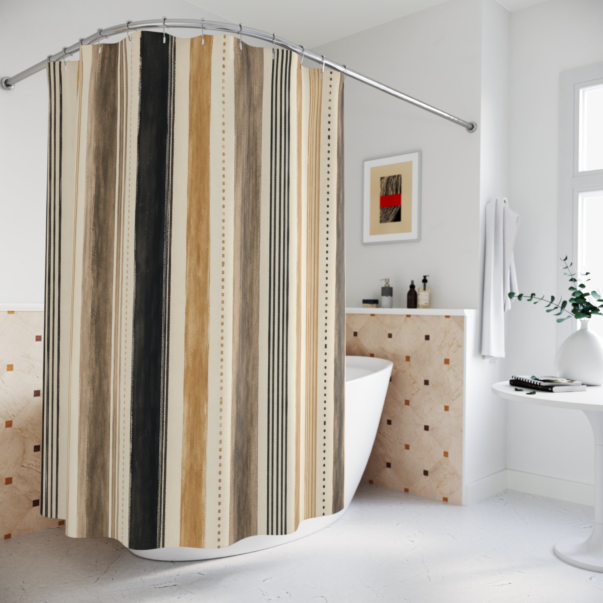 Black Tan Taupe Vertical Stripe Shower Curtain