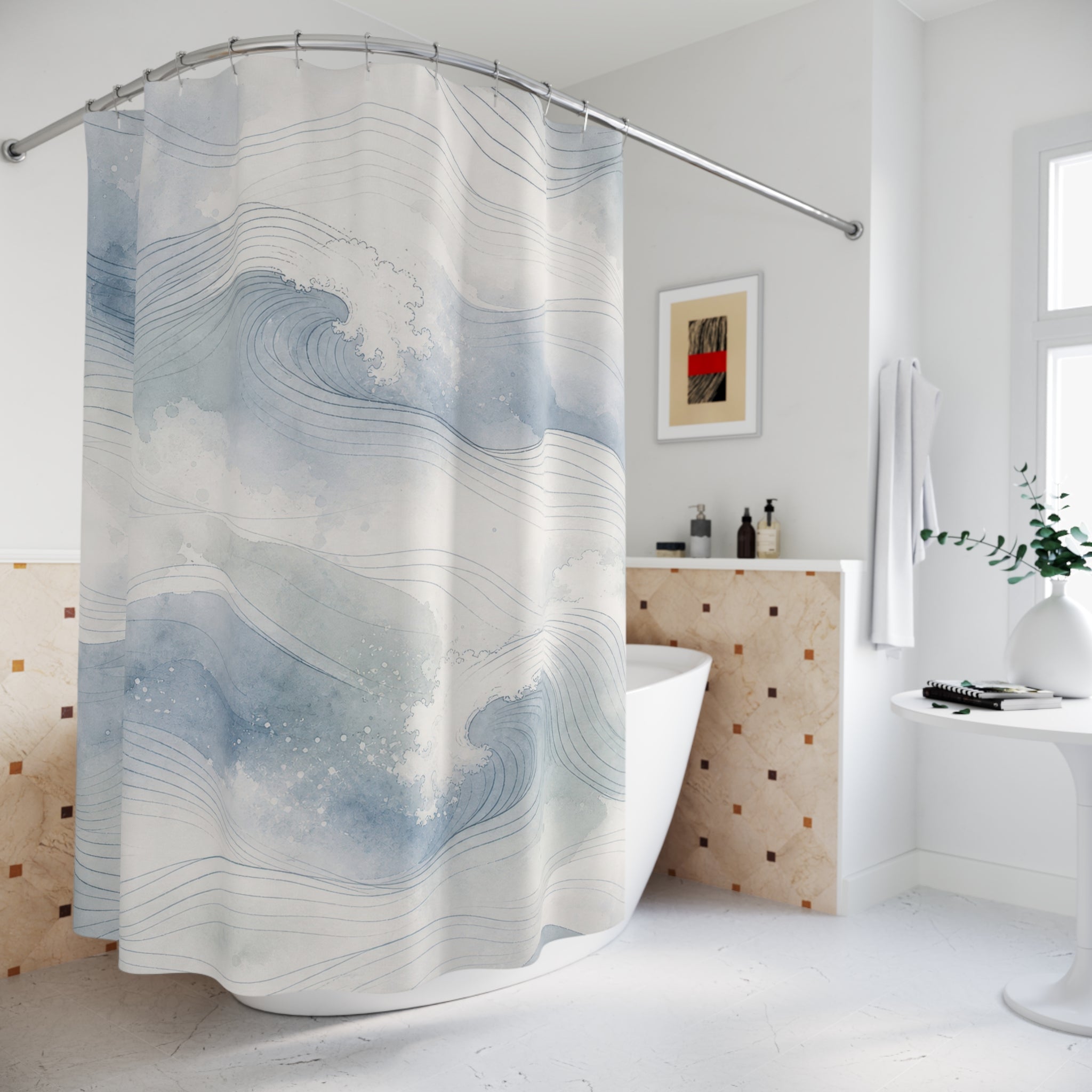 Coastal Line Art Shower Curtain