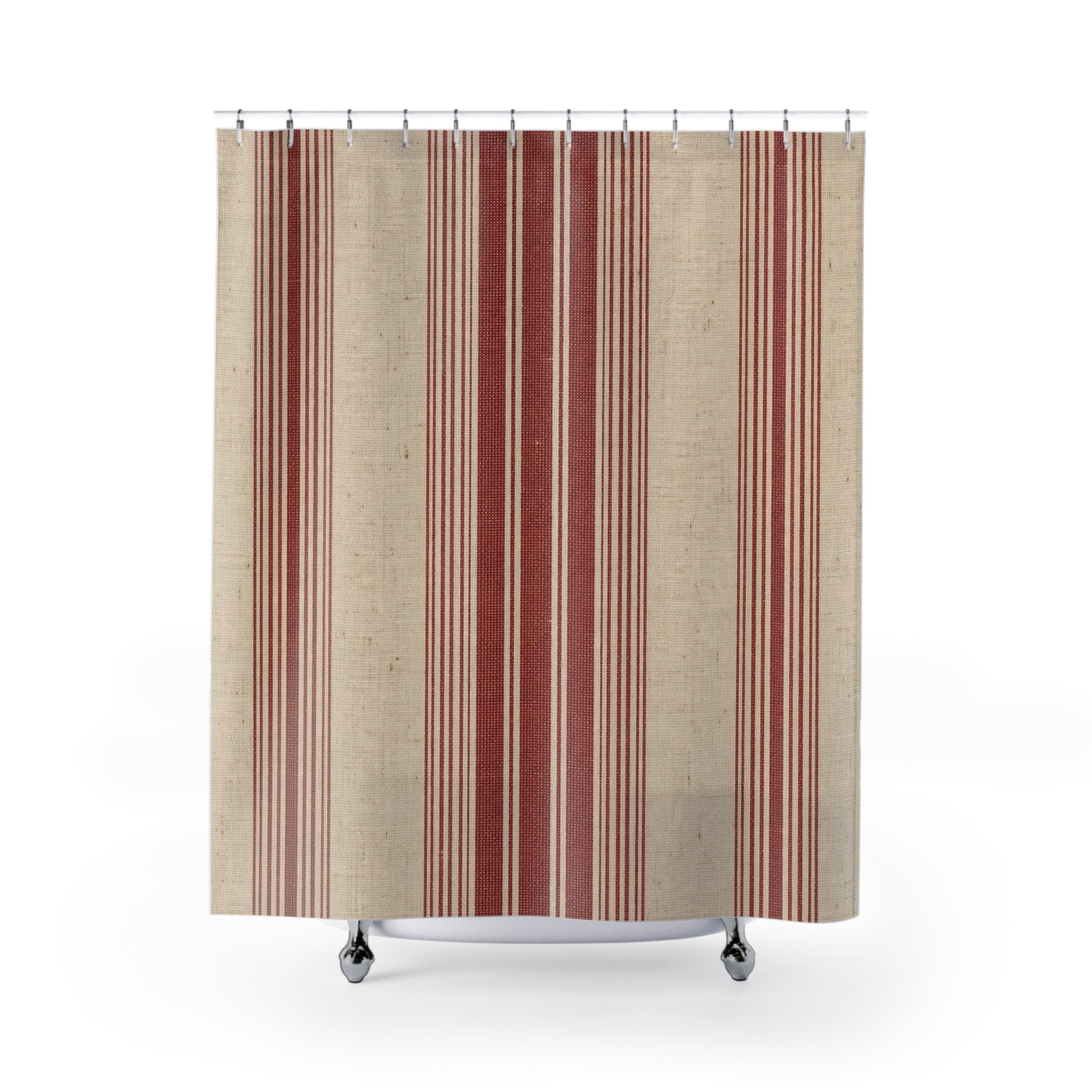 Red and White Grain Sack Shower Curtain: French Country Stripe