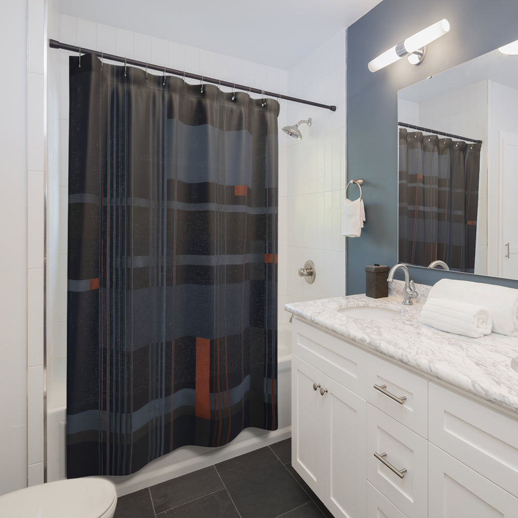 Navy pinstripes crossing slate plaid with rust accents shower curtain beside a white vanity