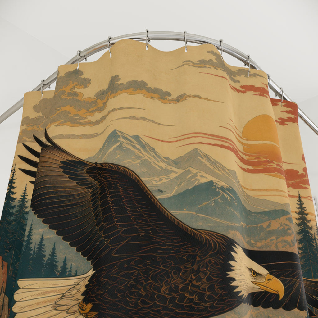 Bald eagle flying above a sunset river valley shower curtain with close-up print, hooks, and folds