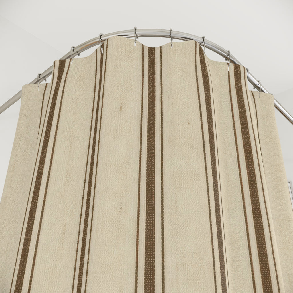 Ticking Stripe Shower Curtain, Brown Cream Farmhouse Bath Decor, Classic Vertical Line Pattern, Warm Neutral Guest Bathroom Decor Style