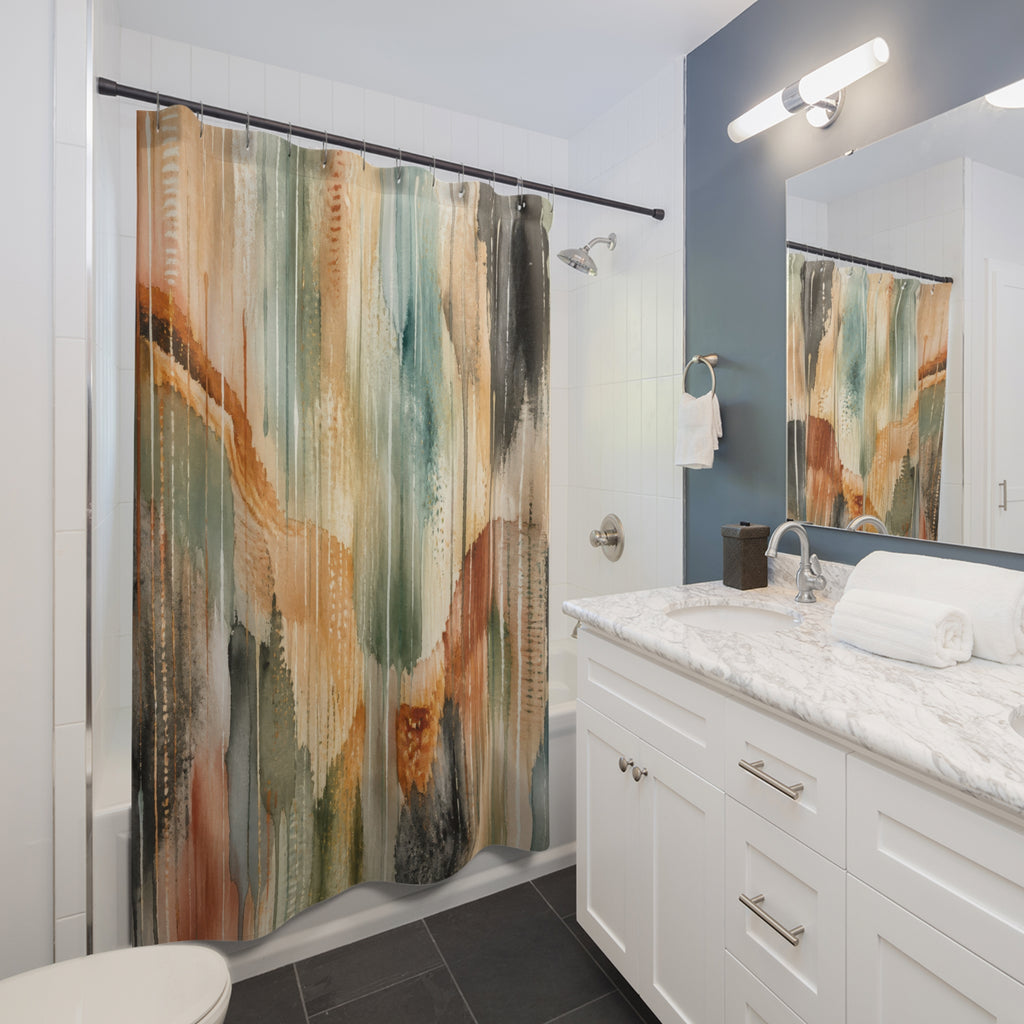 Unique Abstract Shower Curtain, Teal Orange Painterly Art, Modern Brush Stroke Bathroom Decor, Warm Neutral Guest Bath, Contemporary Art