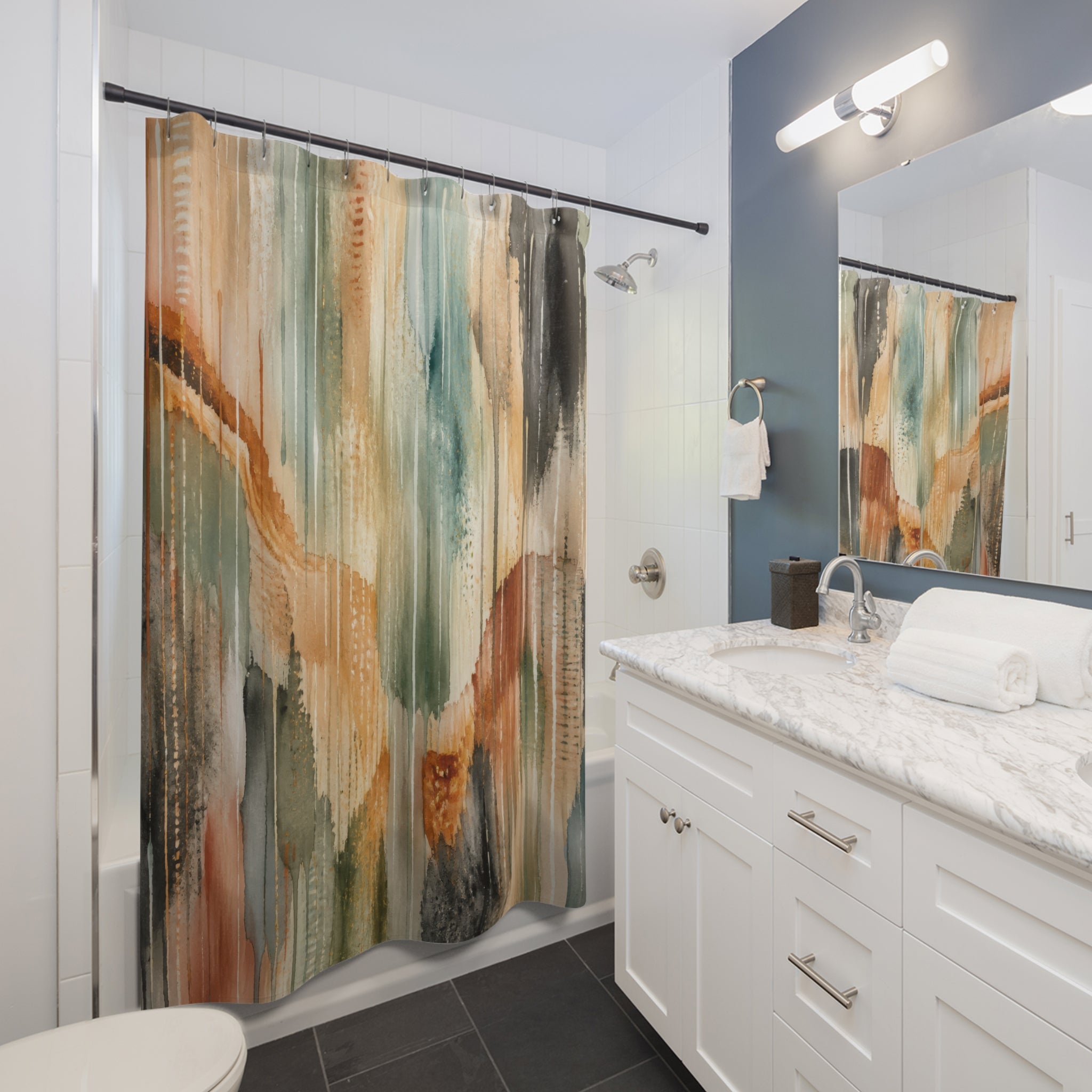 Unique Abstract Shower Curtain, Teal Orange Painterly Art, Modern Brush Stroke Bathroom Decor, Warm Neutral Guest Bath, Contemporary Art