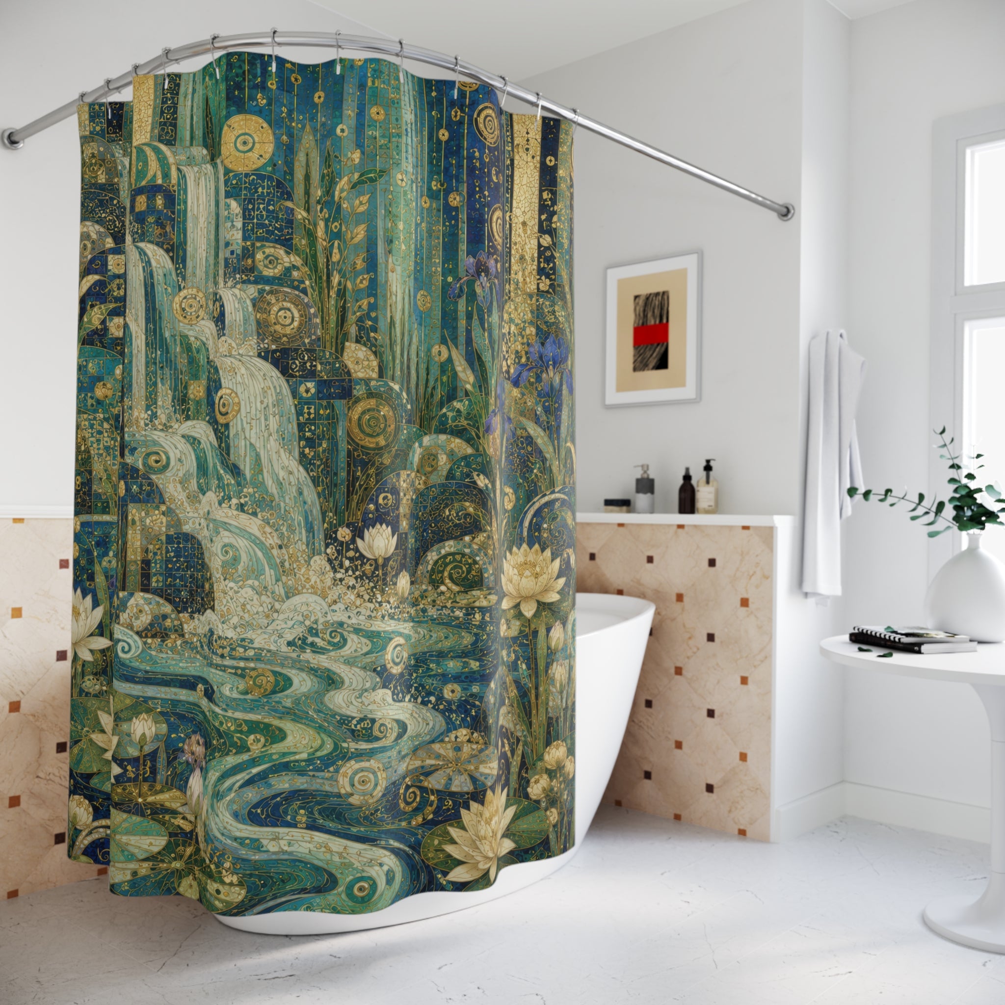 Klimt Inspired Waterfall Shower Curtain: Blue Gold Nouveau