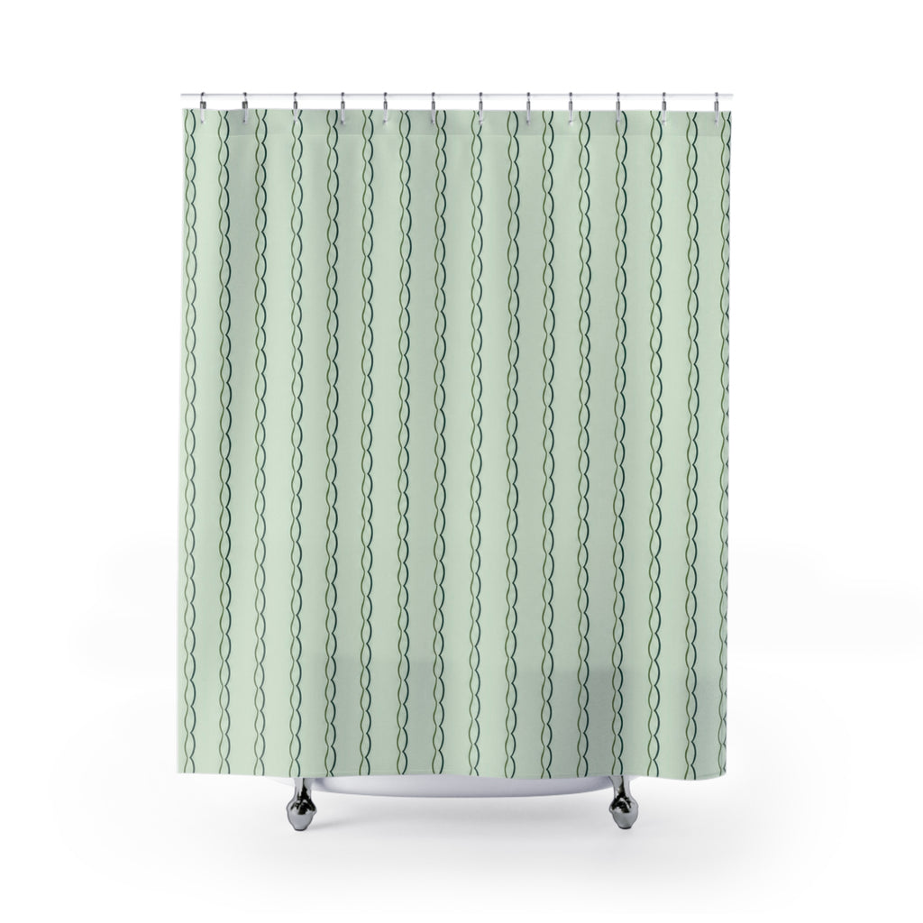 Paired olive and teal scalloped vertical lines on mint shower curtain with full front view