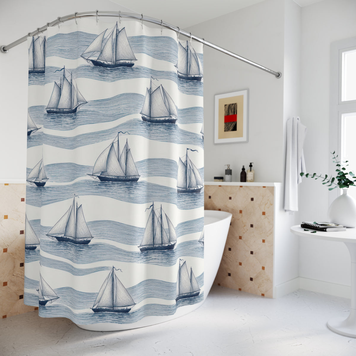 Navy sailboats on wavy blue water lines and white shower curtain beside a freestanding tub