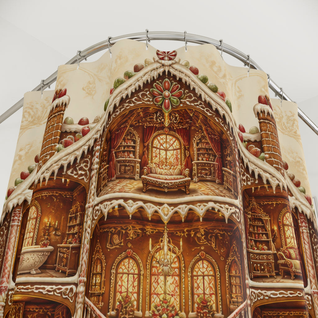 Grand gingerbread manor with glowing cutaway rooms shower curtain with close-up print, hooks, and folds